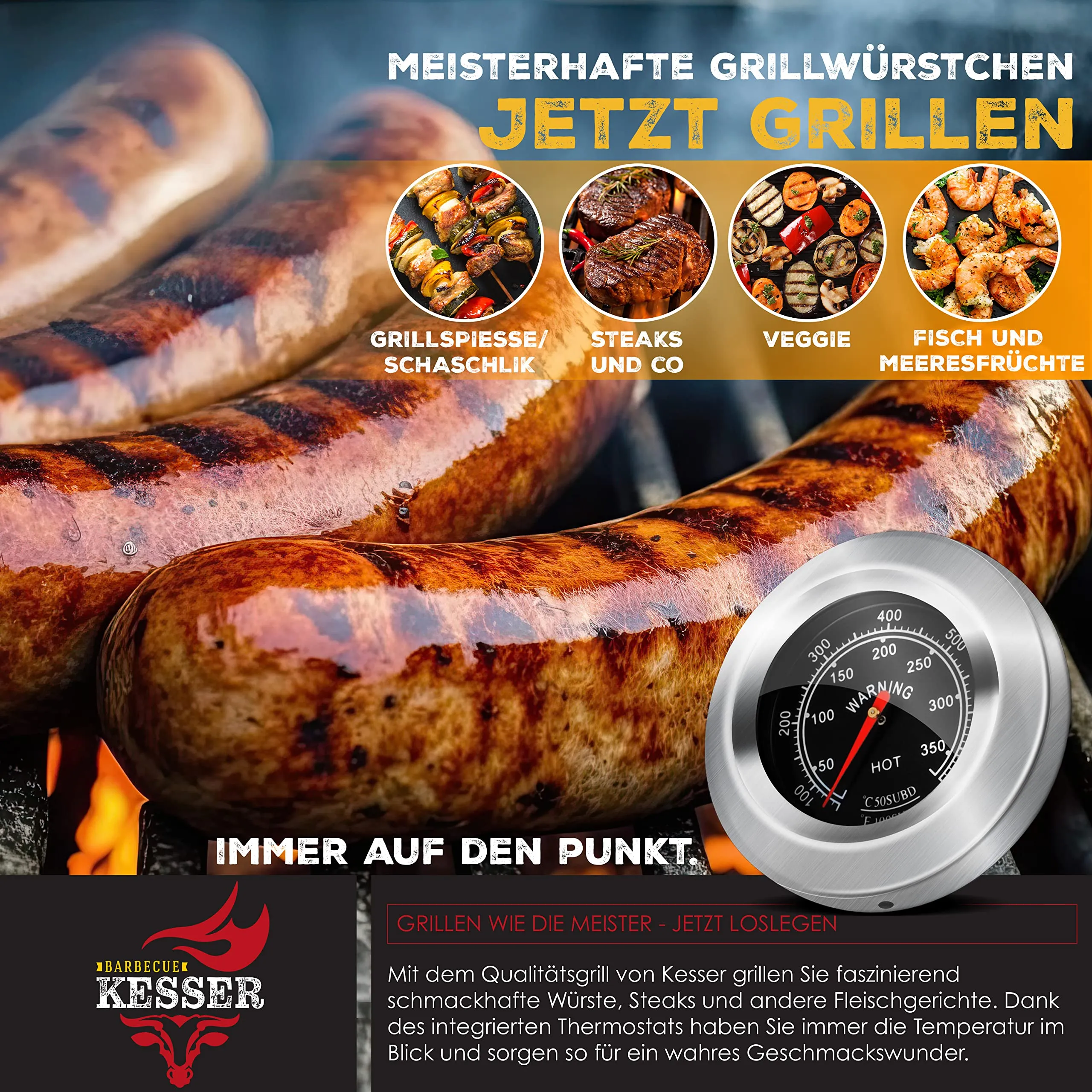 KESSER Barbecue a Carbonella XL con Carrello, Coperchio, Termometro e Manico in Acciaio Inox - immagine 6