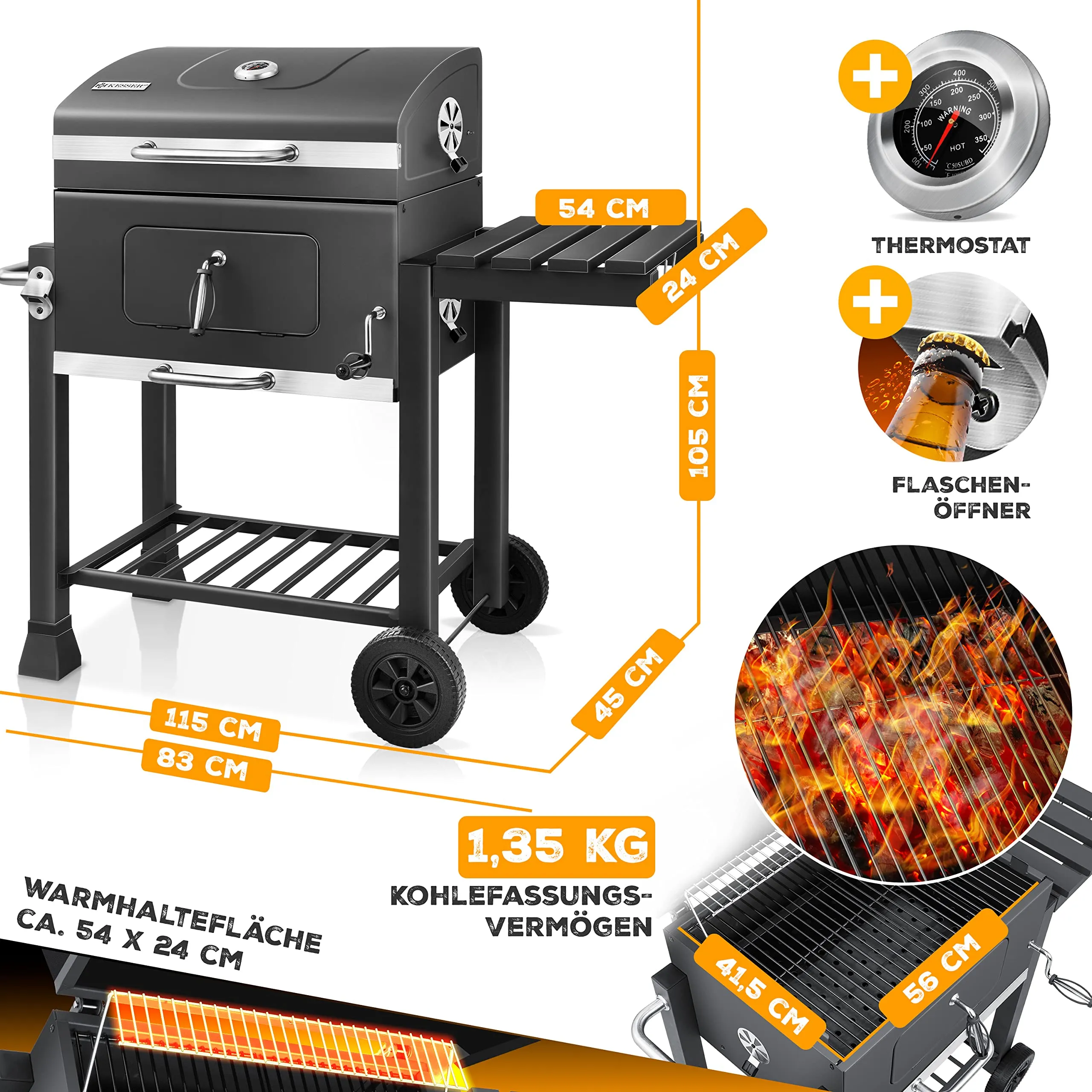 KESSER Barbecue a Carbonella XL con Carrello, Coperchio, Termometro e Manico in Acciaio Inox - immagine 9