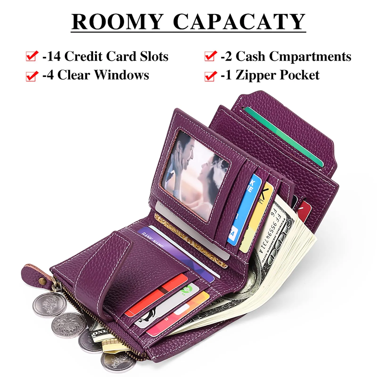 SENDEFN Portafoglio Donna in Pelle Vera con Blocco RFID, 14 Slot per Carte e Portamonete con Cerniera - immagine 6