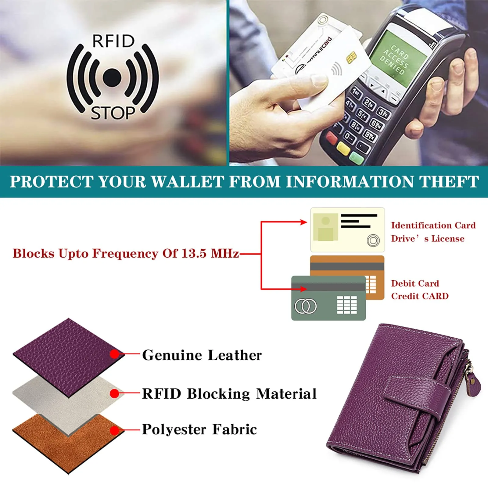 SENDEFN Portafoglio Donna in Pelle Vera con Blocco RFID, 14 Slot per Carte e Portamonete con Cerniera - immagine 8