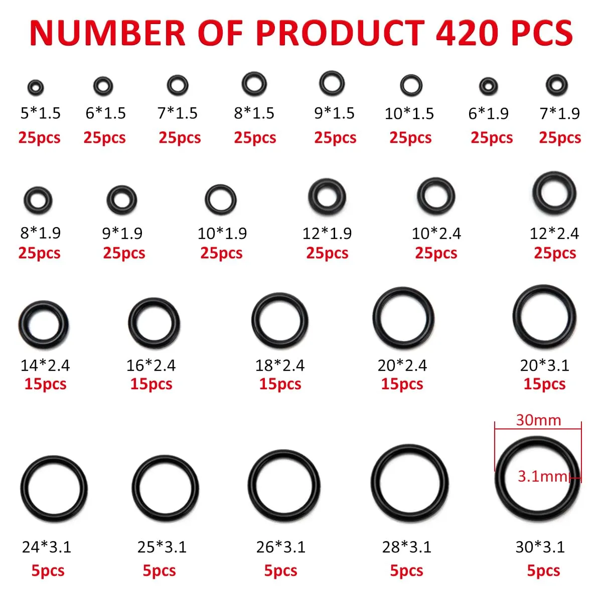 YIXISI Kit Assortimento O-ring in Gomma Nitrilica, 420 Pezzi, 24 Misure, Nero - immagine 2