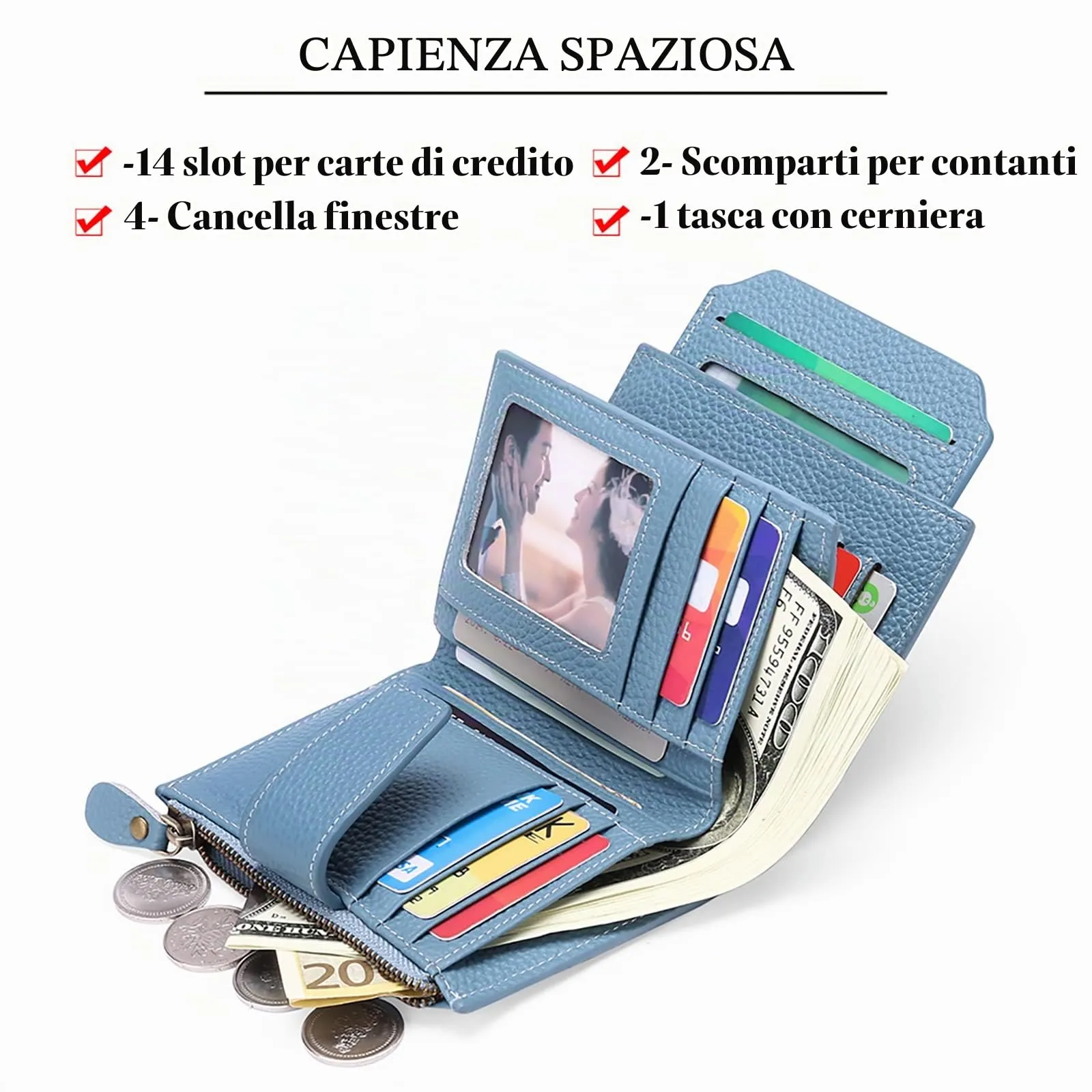 SENDEFN Portafoglio da donna in pelle con doppia cerniera e blocco RFID, S, Classico - immagine 5