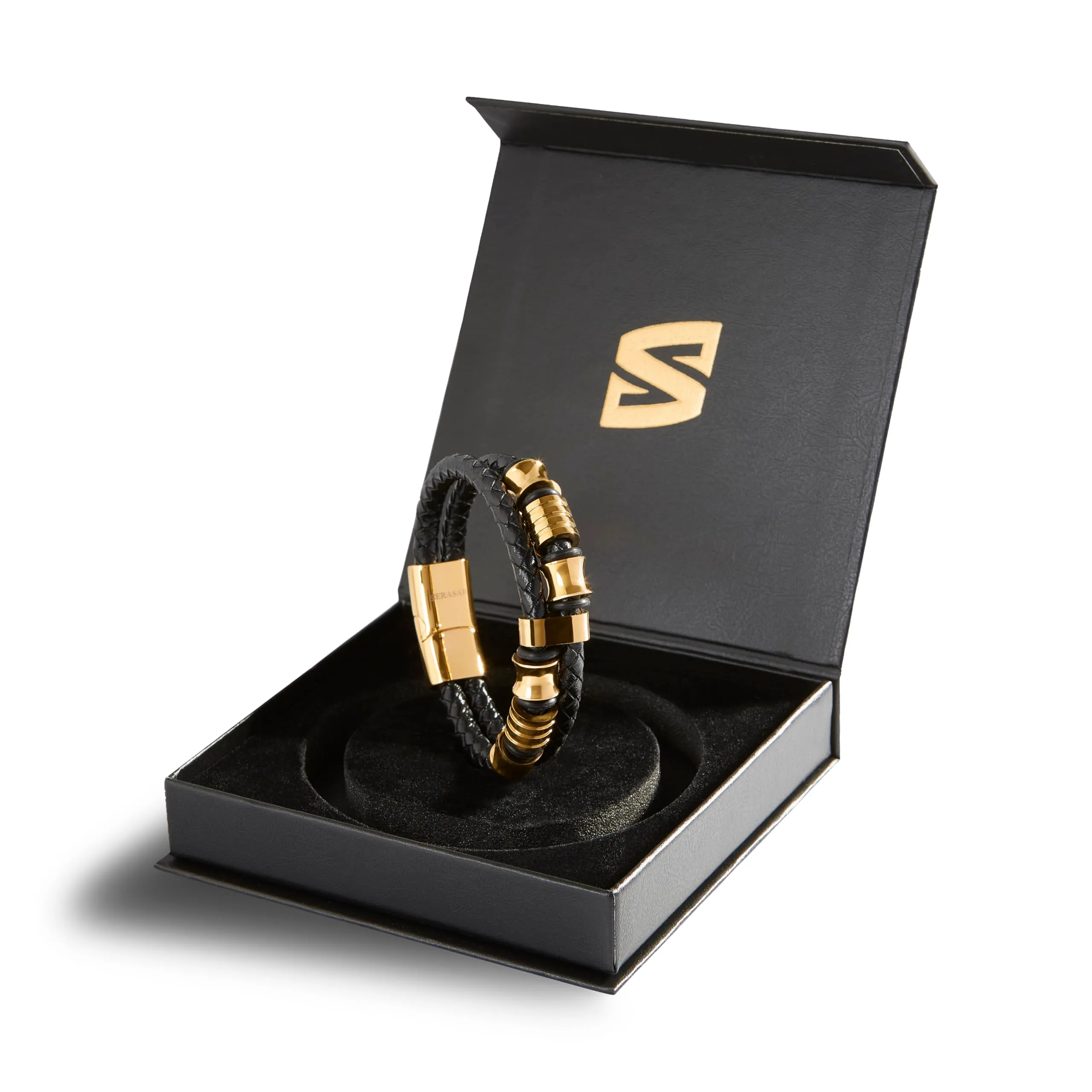 SERASAR Bracciale Uomo in Pelle Intrecciata Nera e Oro, 17cm - immagine 2