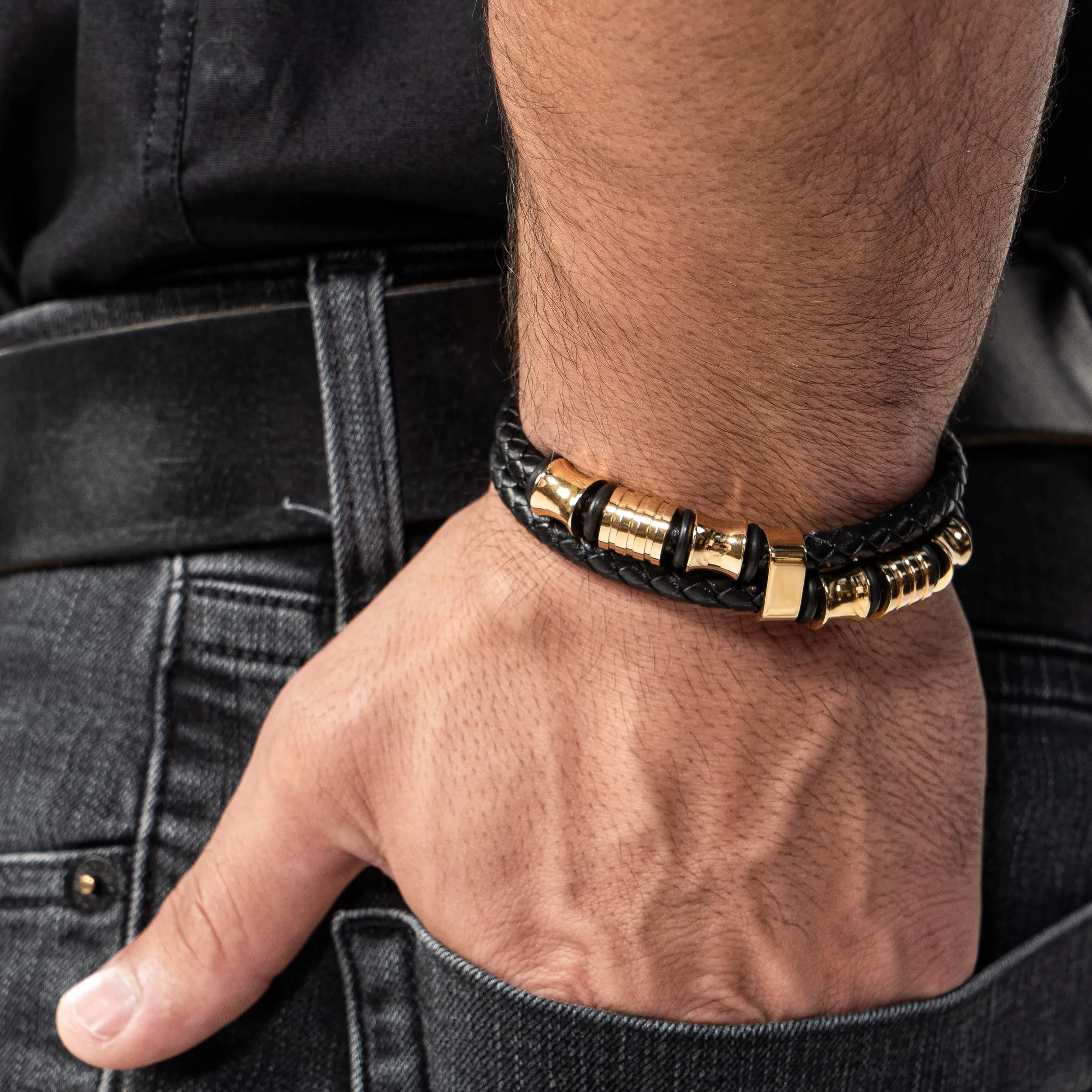 SERASAR Bracciale Uomo in Pelle Intrecciata Nera e Oro, 17cm - immagine 4