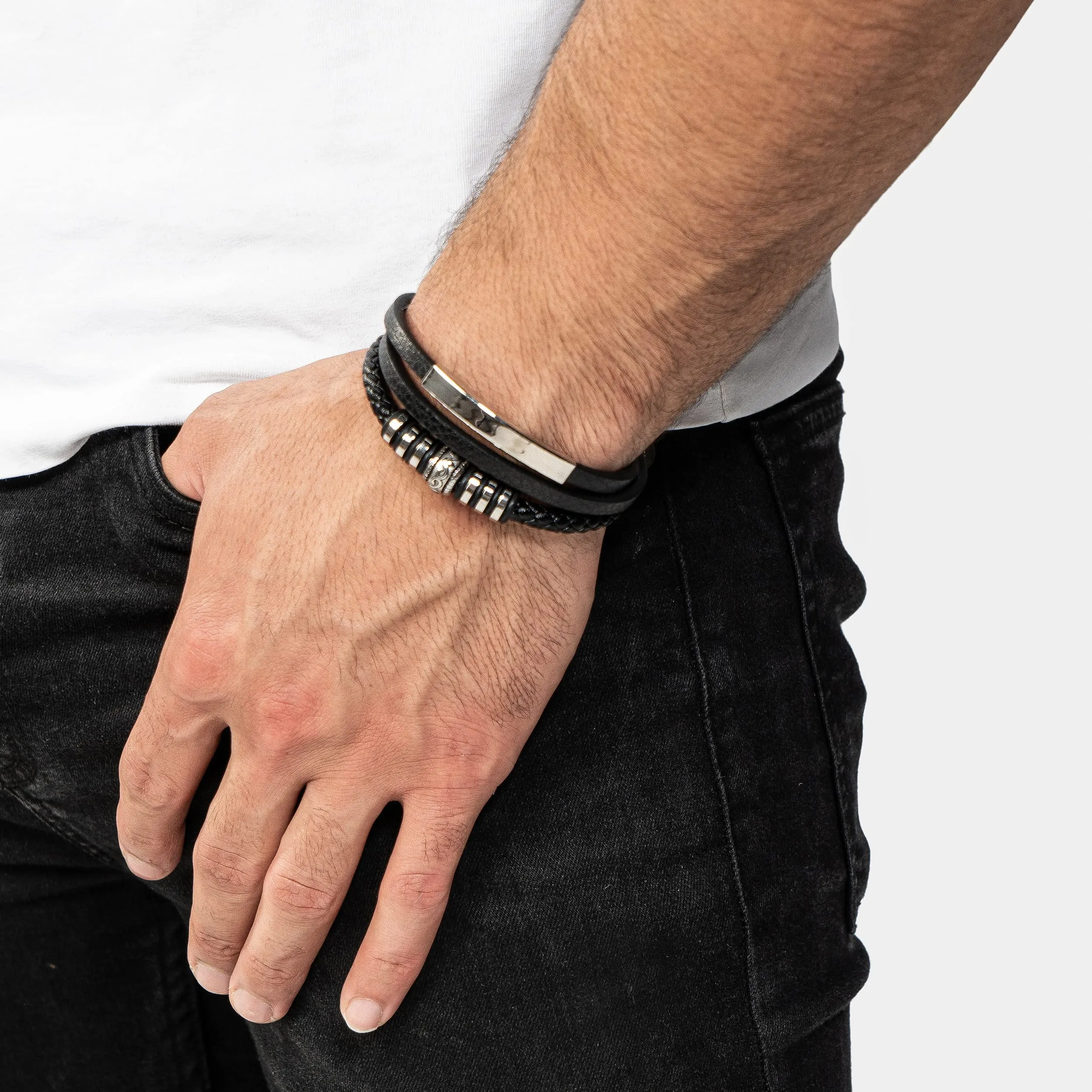 SERASAR Bracciale Uomo in Pelle Intrecciata Nera e Acciaio Inox, 17cm - immagine 3