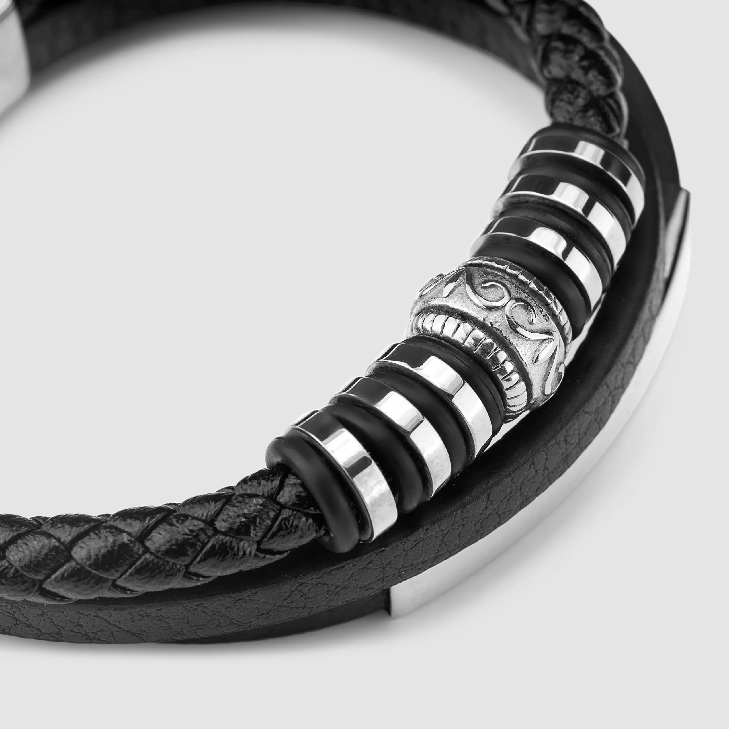 SERASAR Bracciale Uomo in Pelle Intrecciata Nera e Acciaio Inox, 17cm - immagine 8