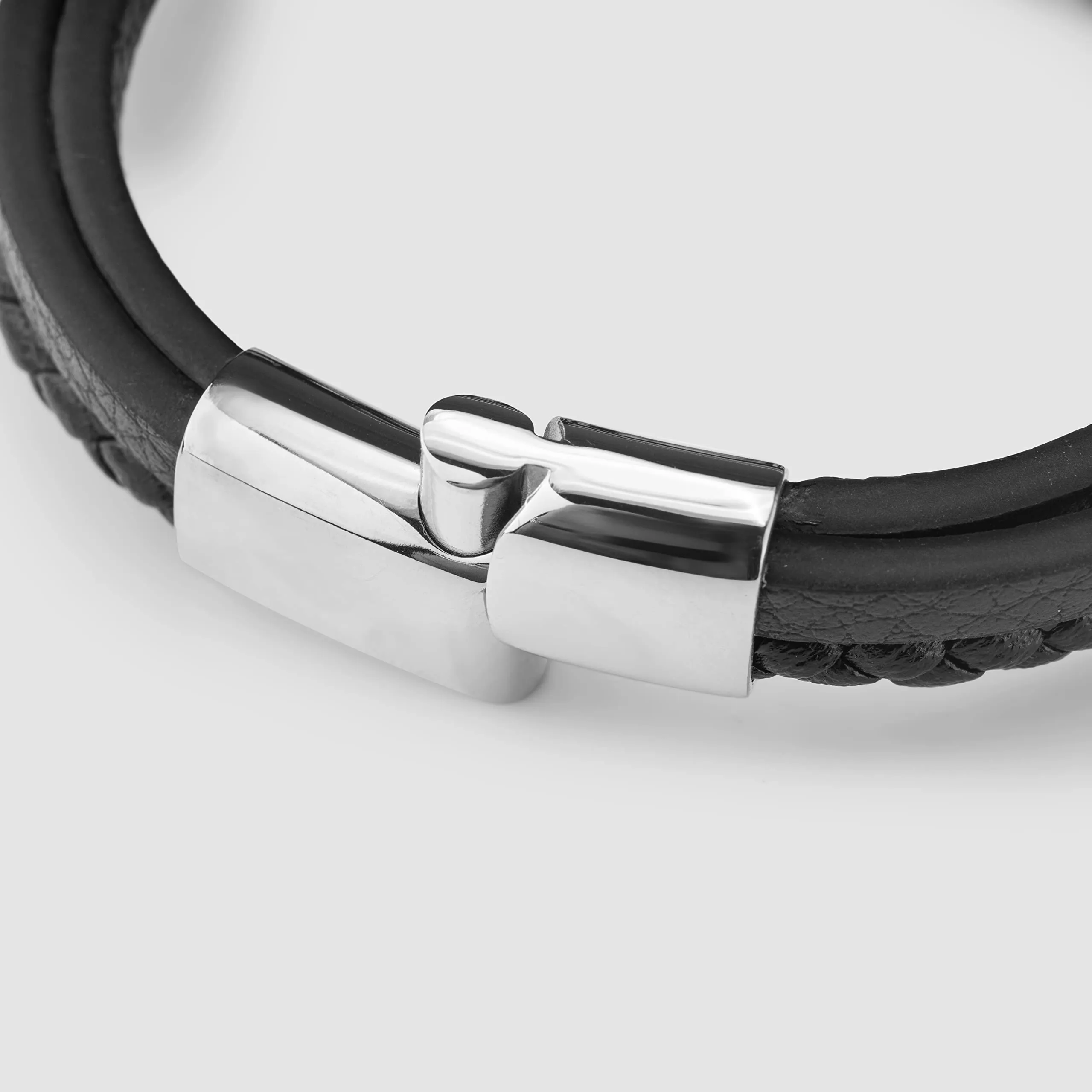 SERASAR Bracciale Uomo in Pelle Intrecciata Nera e Acciaio Inox, 17cm - immagine 9