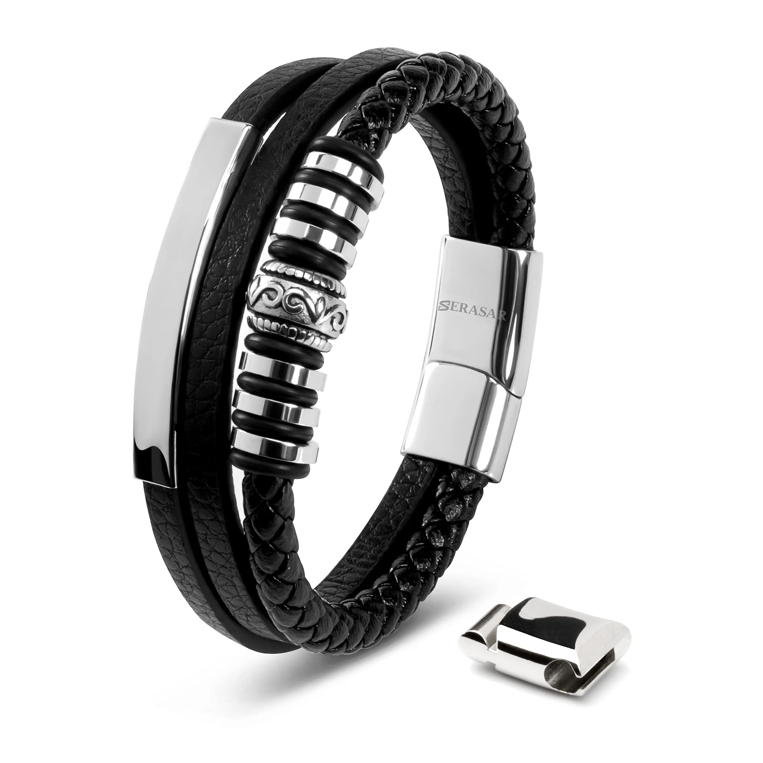 SERASAR Bracciale Uomo in Cuoio Nero e Acciaio Argento, 20cm - immagine 1