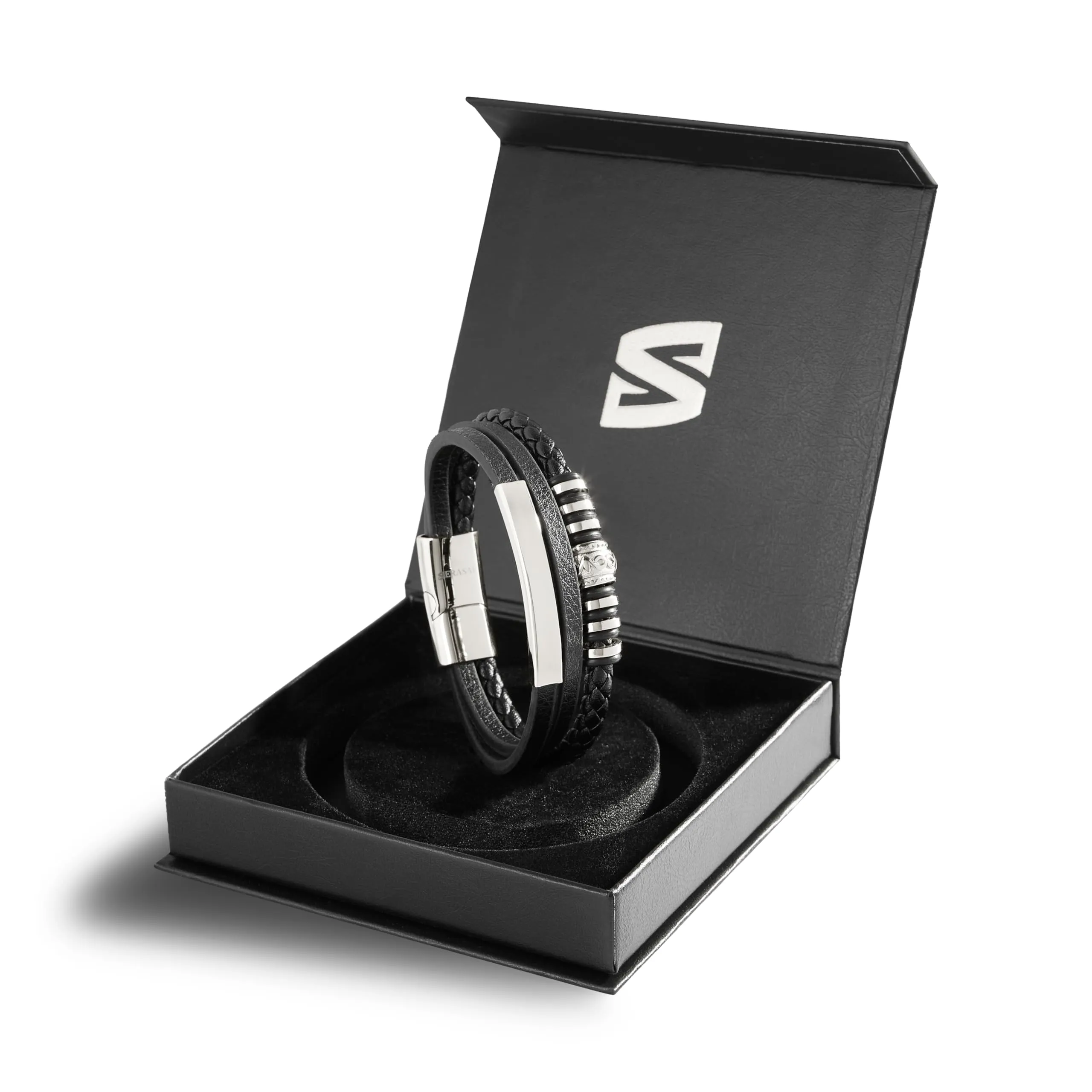 SERASAR Bracciale Uomo in Cuoio Nero e Acciaio Argento, 20cm - immagine 2