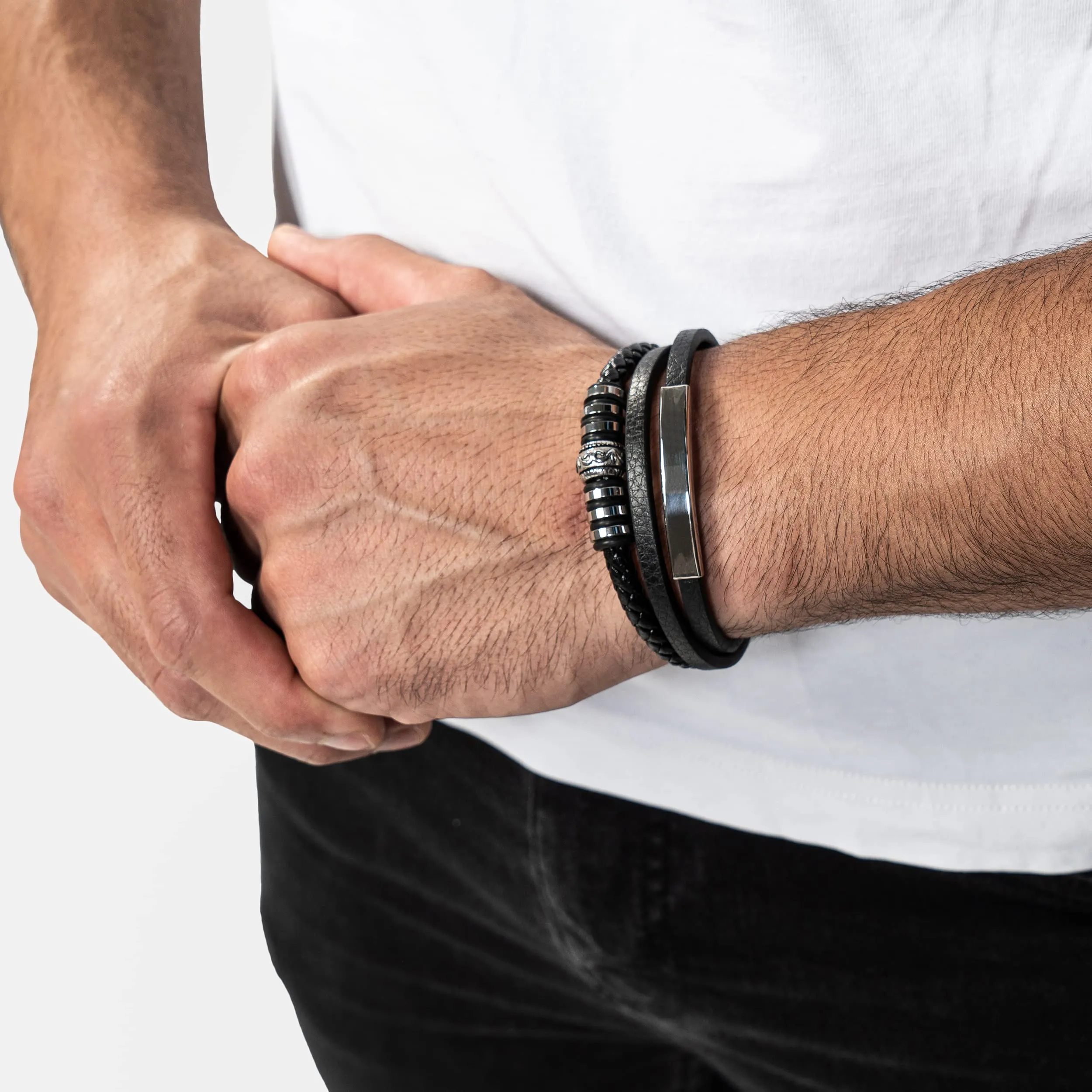 SERASAR Bracciale Uomo in Cuoio Nero e Acciaio Argento, 20cm - immagine 4