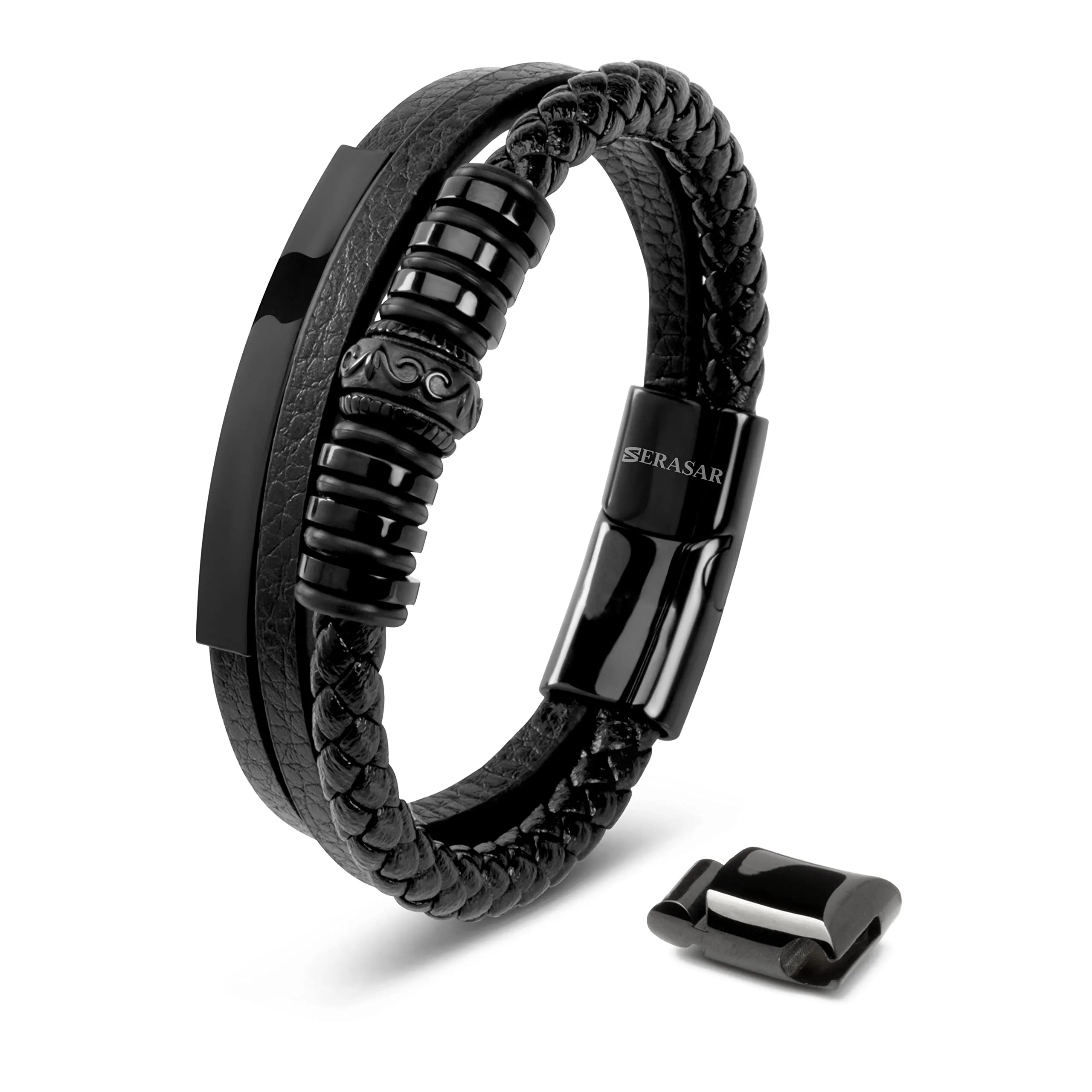SERASAR Bracciale Uomo in Cuoio e Acciaio Inossidabile Nero 23cm - immagine 1