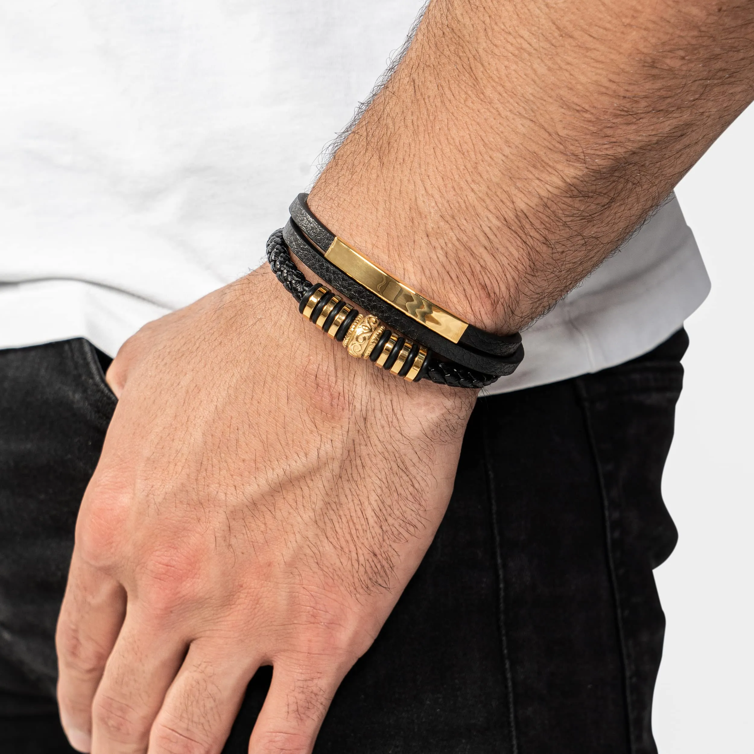 SERASAR Bracciale Uomo in Pelle Nera e Acciaio Oro, 20cm - immagine 3