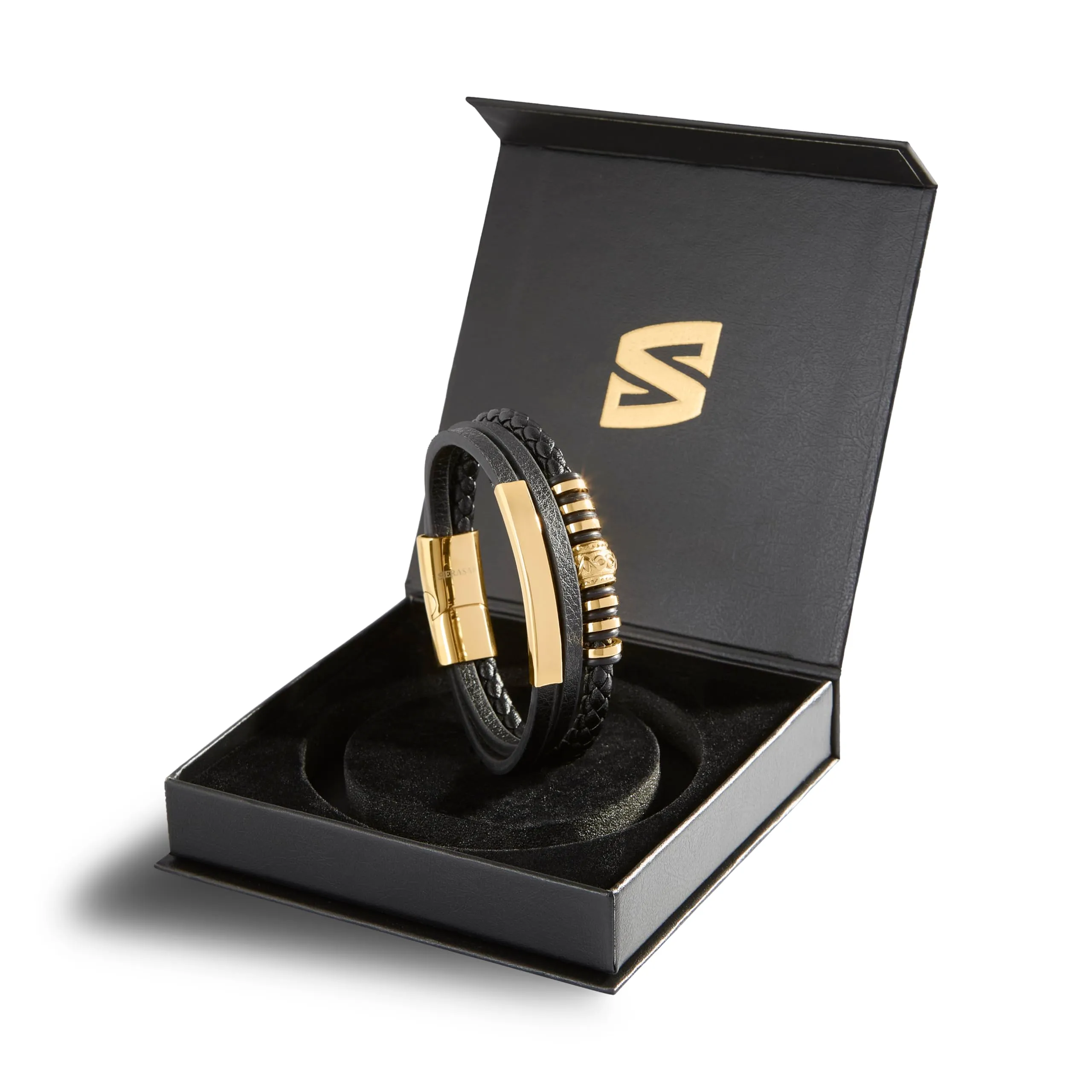 SERASAR Bracciale Uomo in Pelle Intrecciata Nera e Oro, 17cm - immagine 2