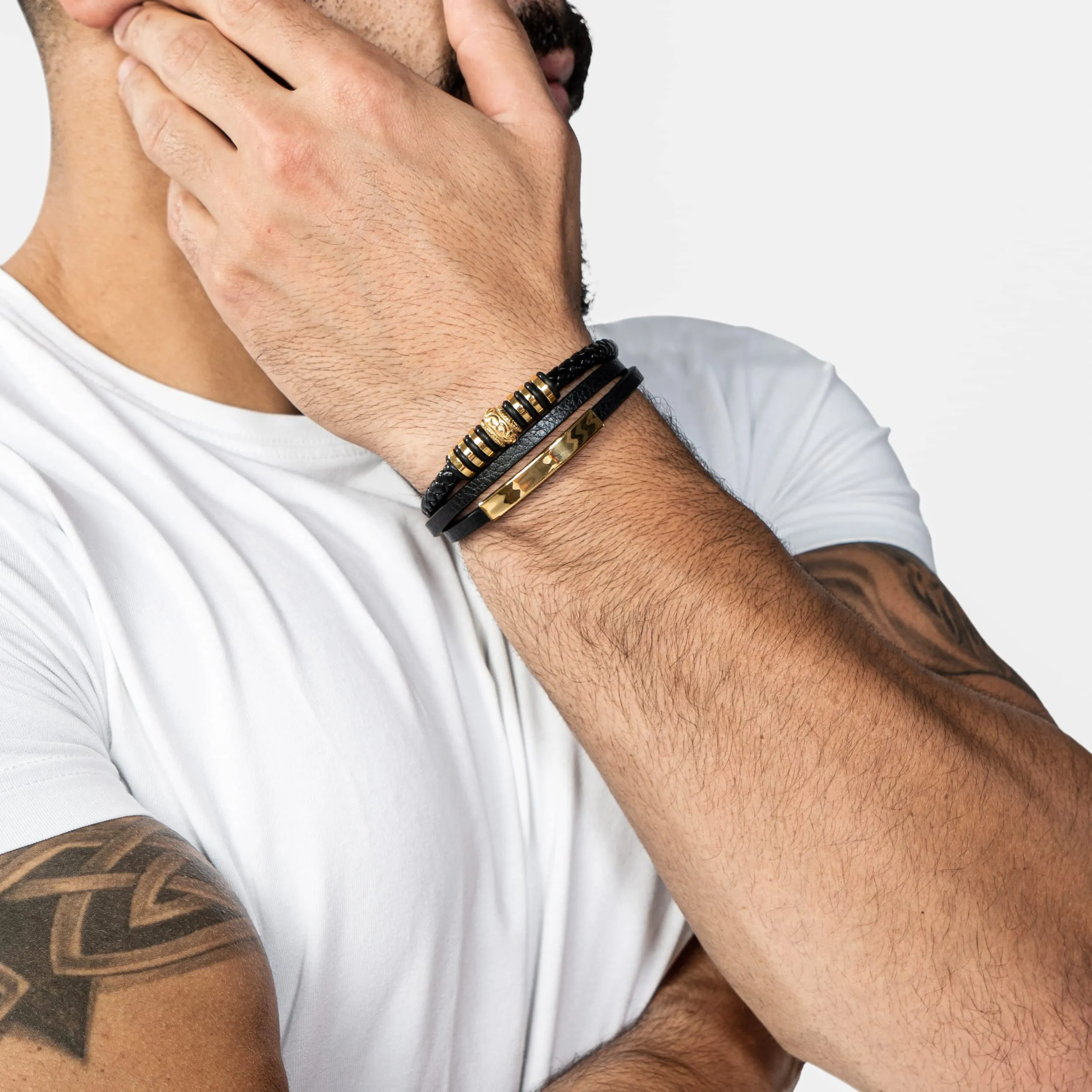 SERASAR Bracciale Uomo in Pelle Intrecciata Nera e Oro, 17cm - immagine 4