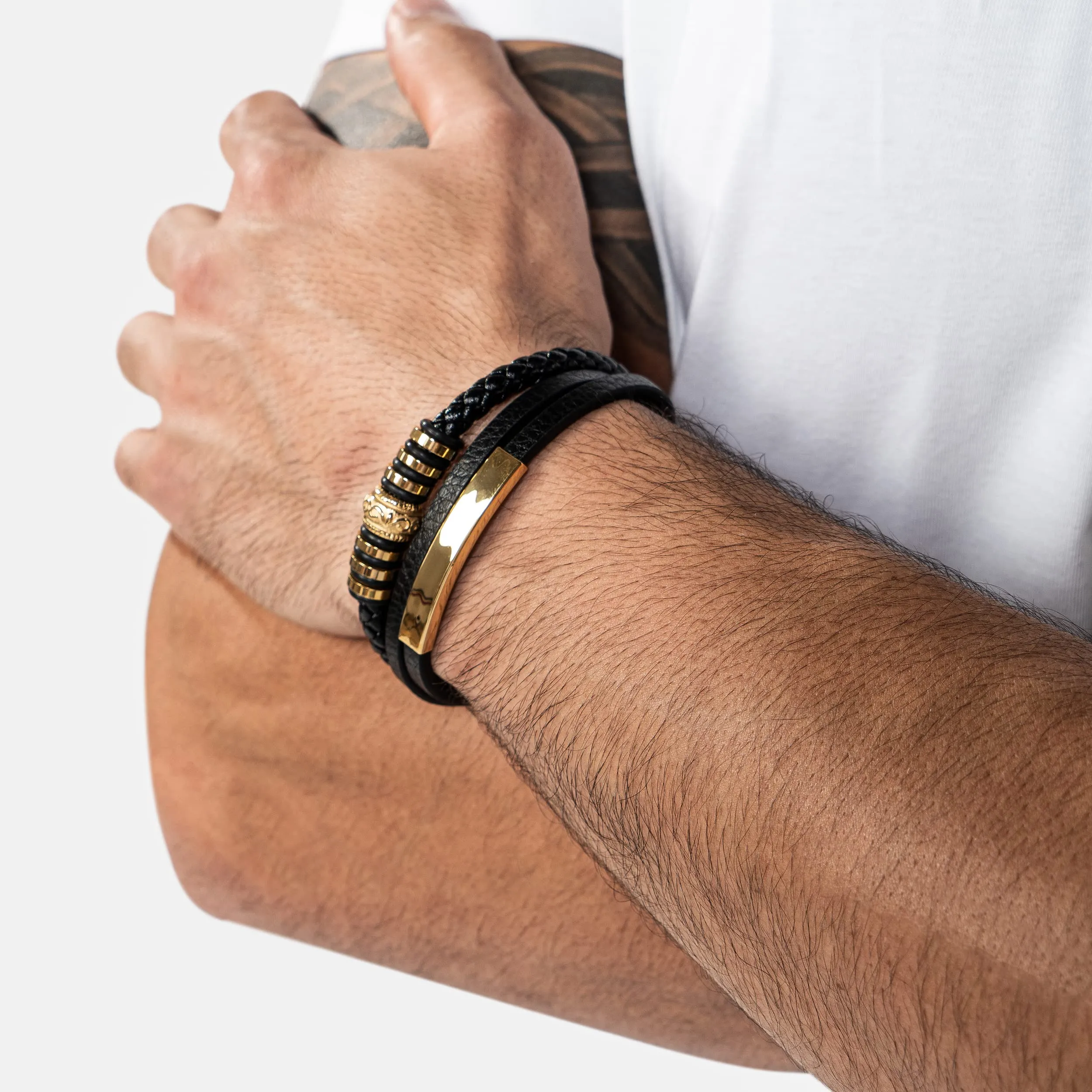 SERASAR Bracciale Uomo in Pelle Intrecciata Nera e Oro, 17cm - immagine 5