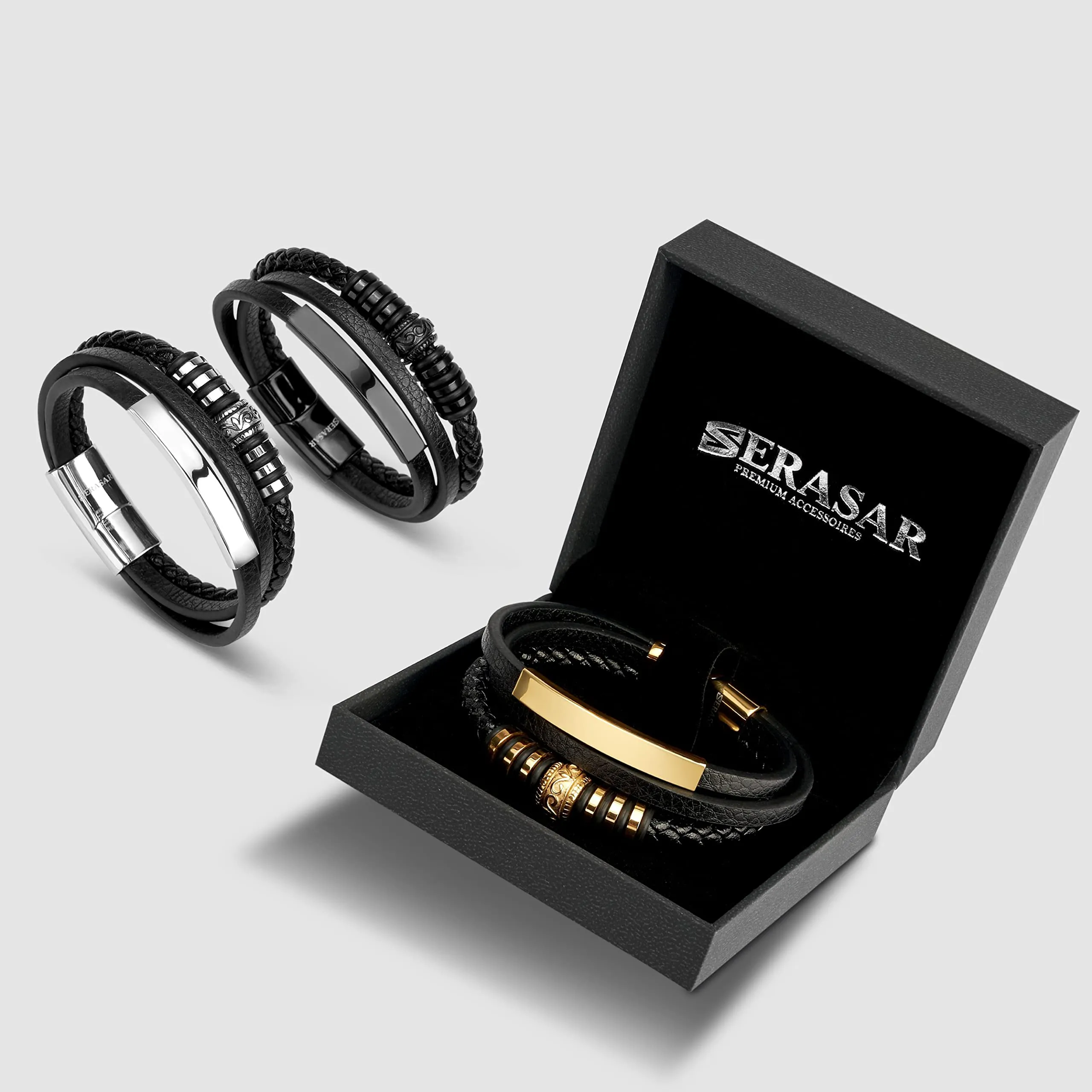 SERASAR Bracciale Uomo in Pelle Intrecciata Nera e Oro, 17cm - immagine 7
