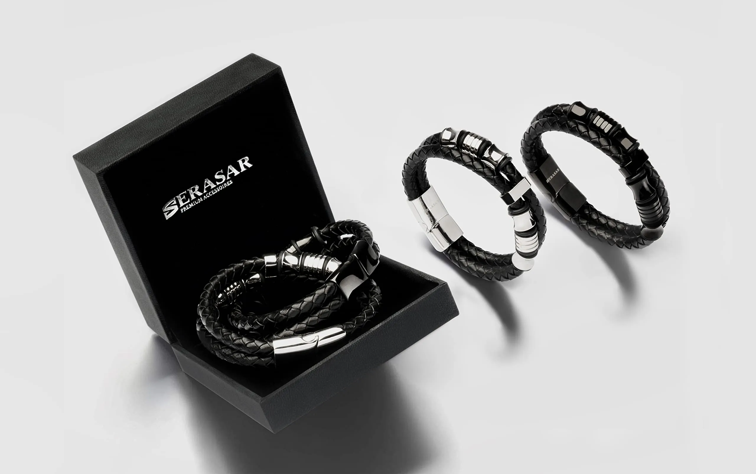 SERASAR Bracciale Uomo in Pelle Nera, 23cm - immagine 7