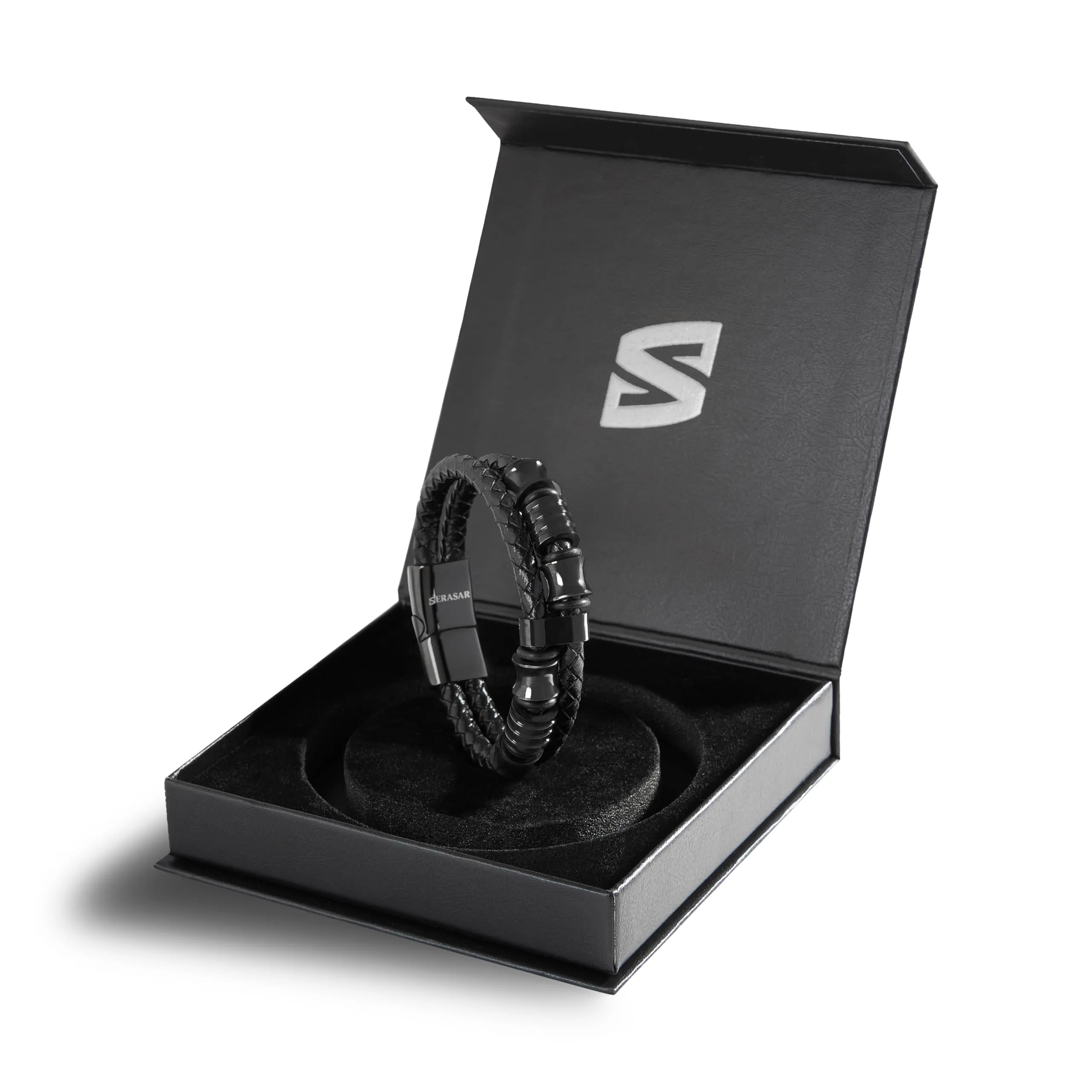 SERASAR Bracciale Uomo in Pelle Nera, 17cm - immagine 2