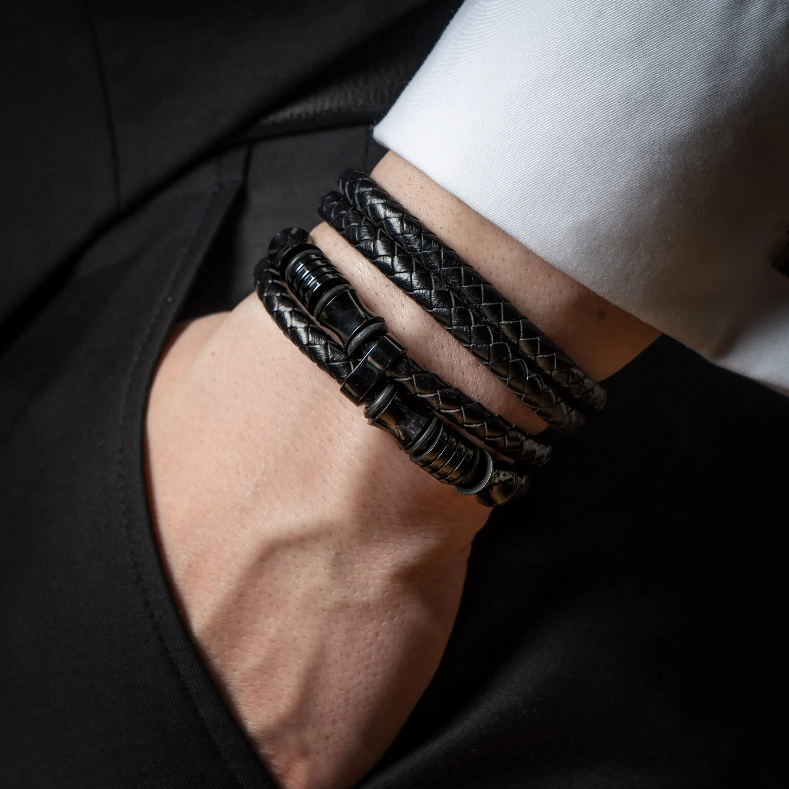 SERASAR Bracciale Uomo in Pelle Nera, 17cm - immagine 9