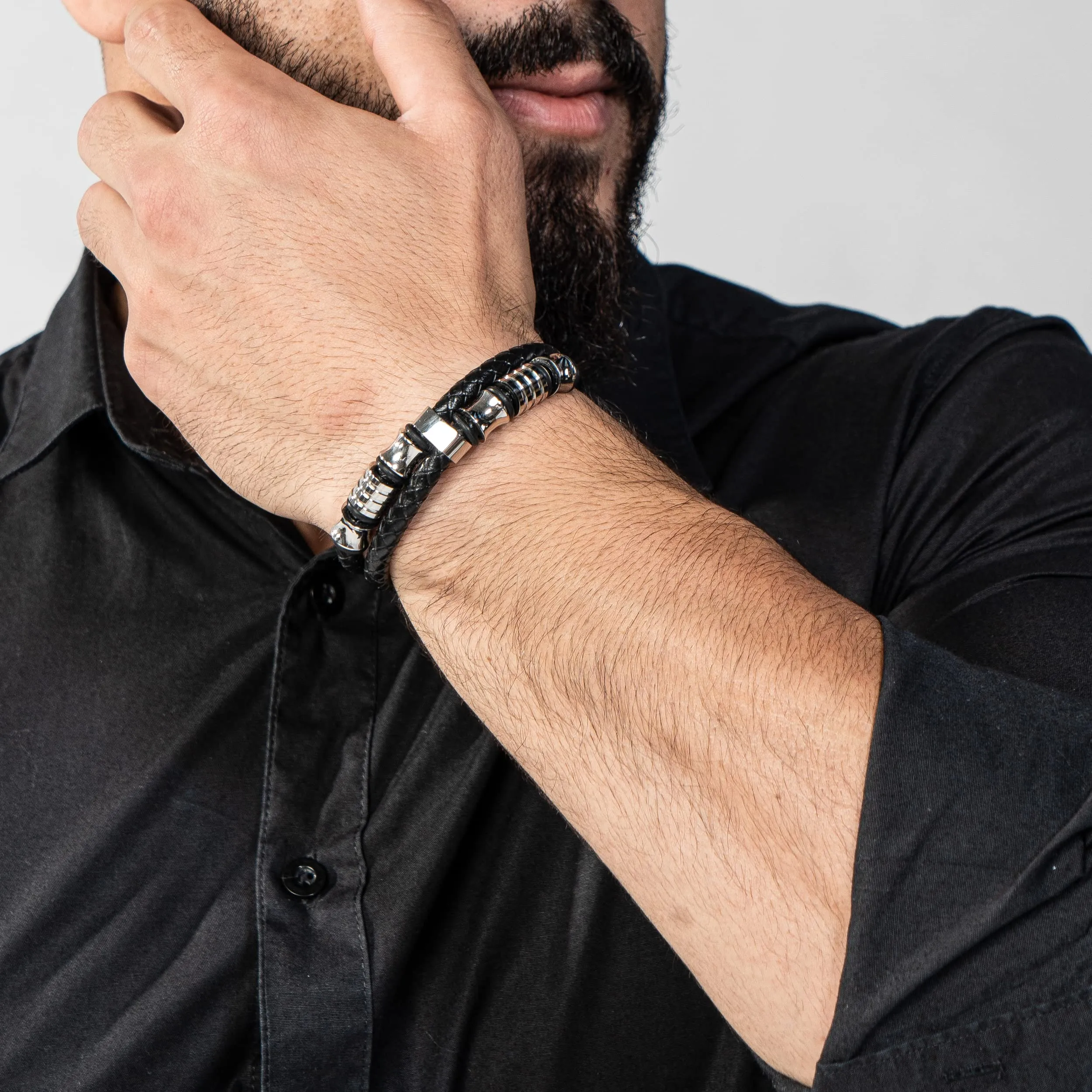 SERASAR Bracciale Uomo in Pelle Nera Intrecciata e Acciaio Inossidabile, 17cm - immagine 5