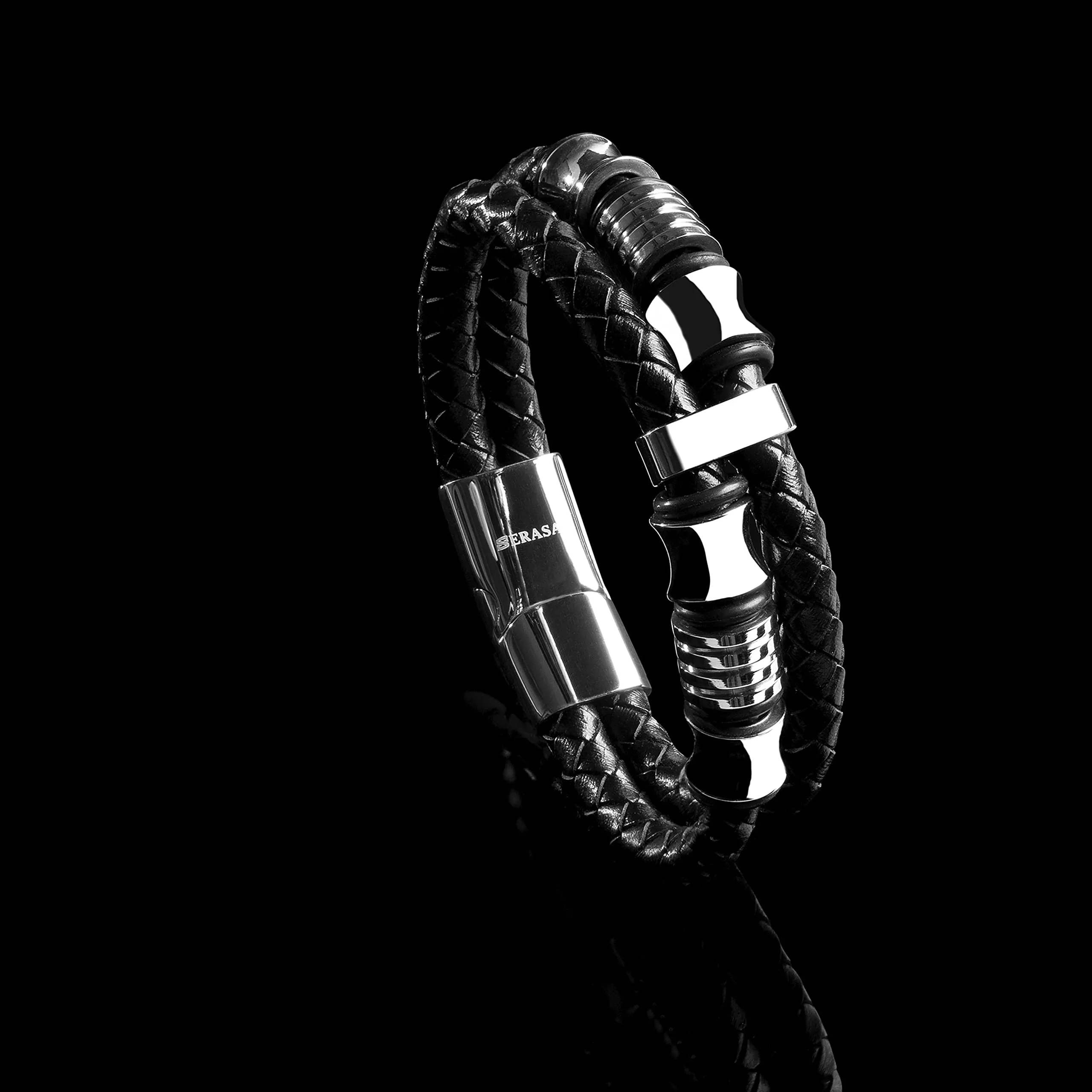 SERASAR Bracciale Uomo in Pelle Nera Intrecciata e Acciaio Inossidabile, 17cm - immagine 8