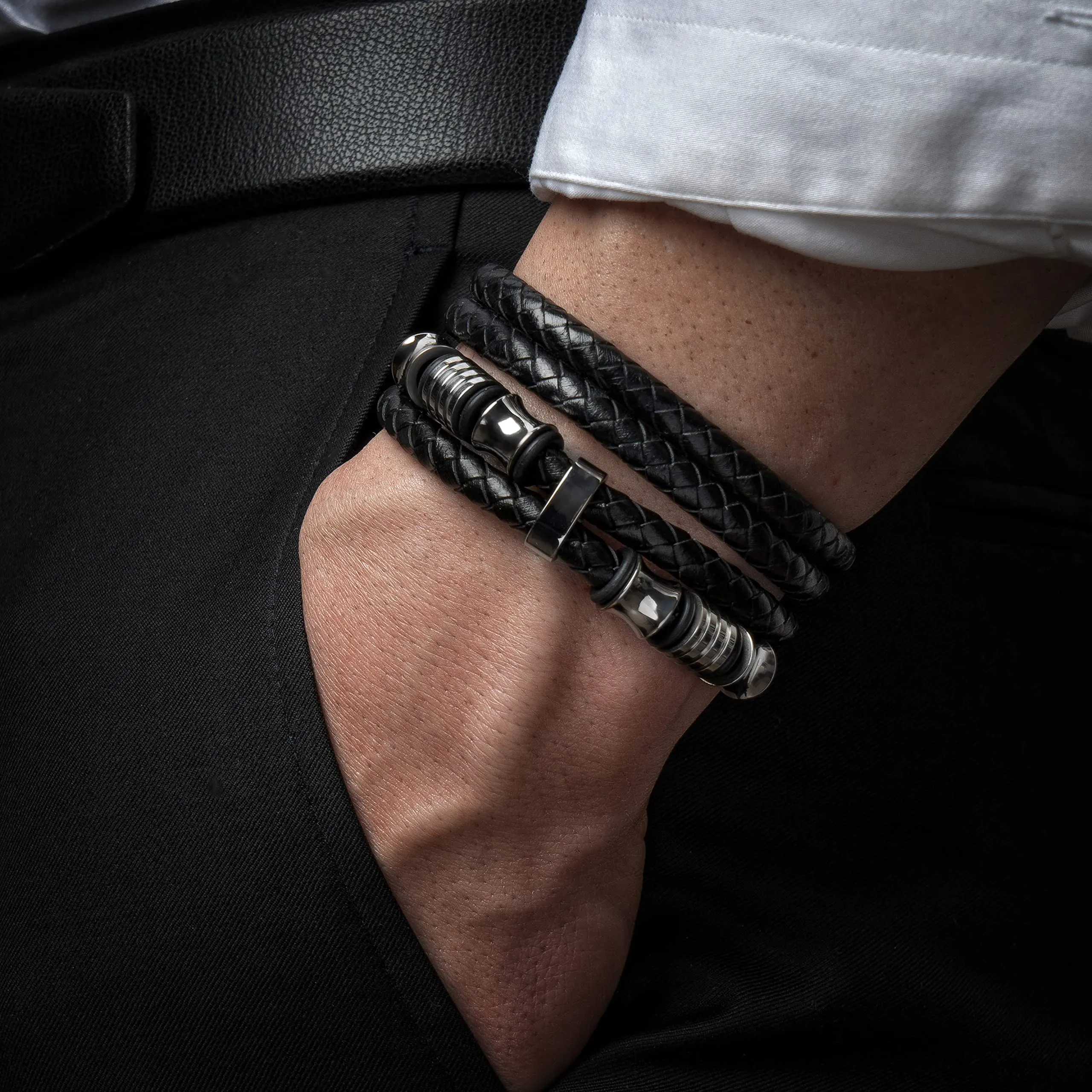 SERASAR Bracciale Uomo in Pelle Nera Intrecciata e Acciaio Inossidabile, 17cm - immagine 9
