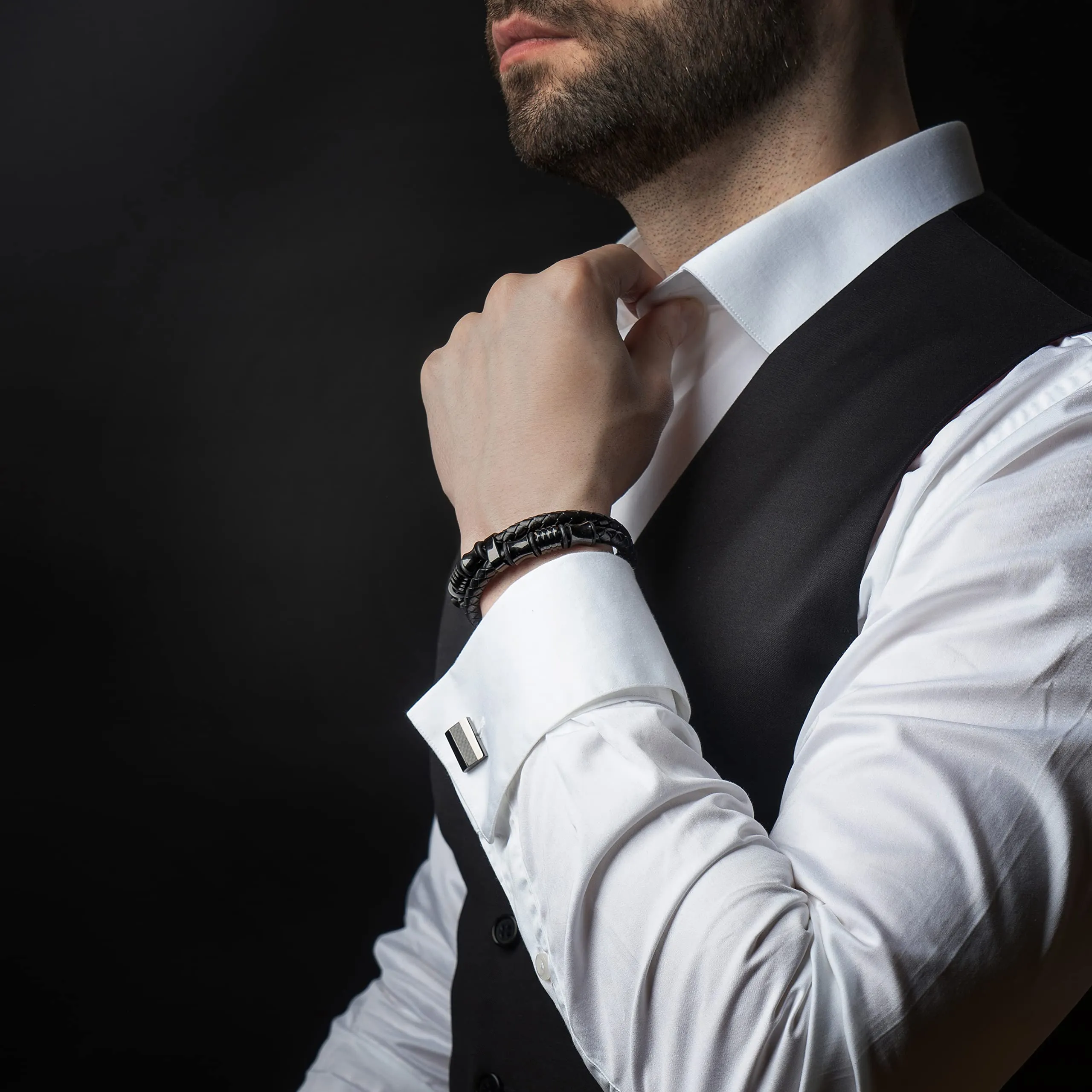 SERASAR Bracciale Uomo in Pelle Nera e Acciaio, 20cm - immagine 4