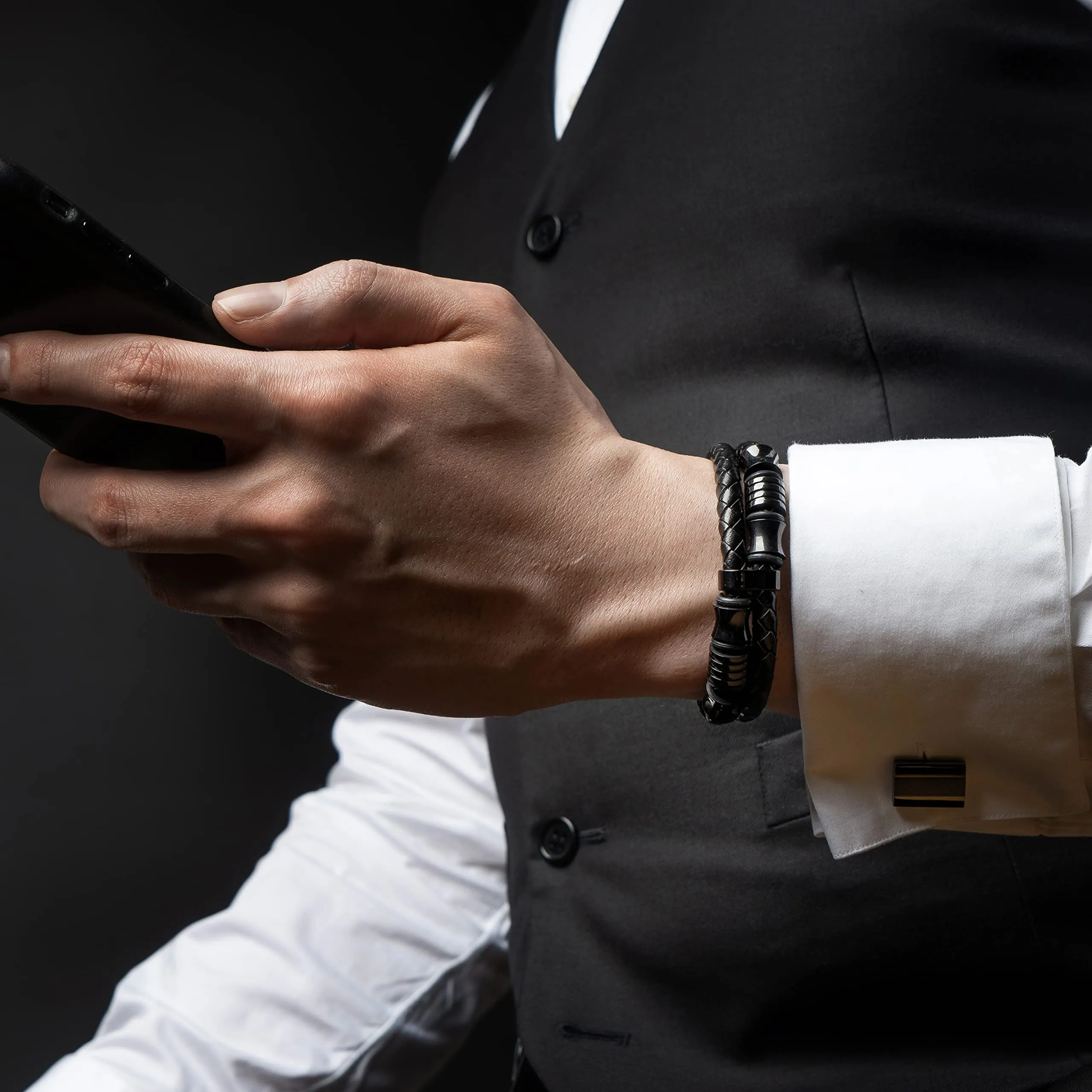 SERASAR Bracciale Uomo in Pelle Nera e Acciaio, 20cm - immagine 5