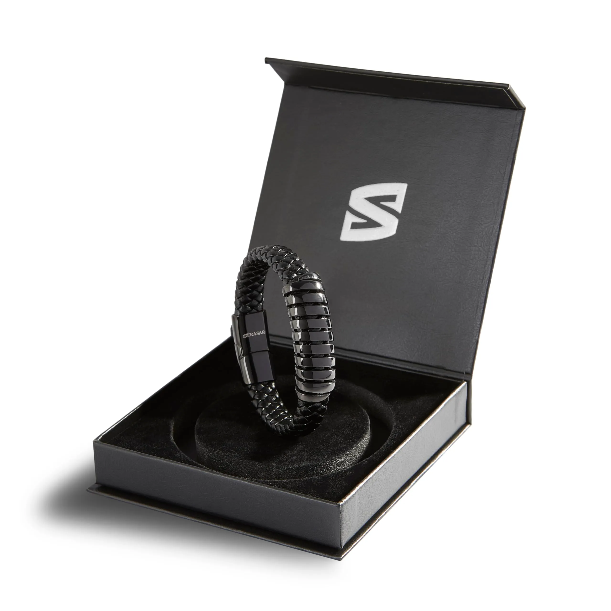 SERASAR Bracciale Uomo in Pelle Nera 17cm - immagine 2