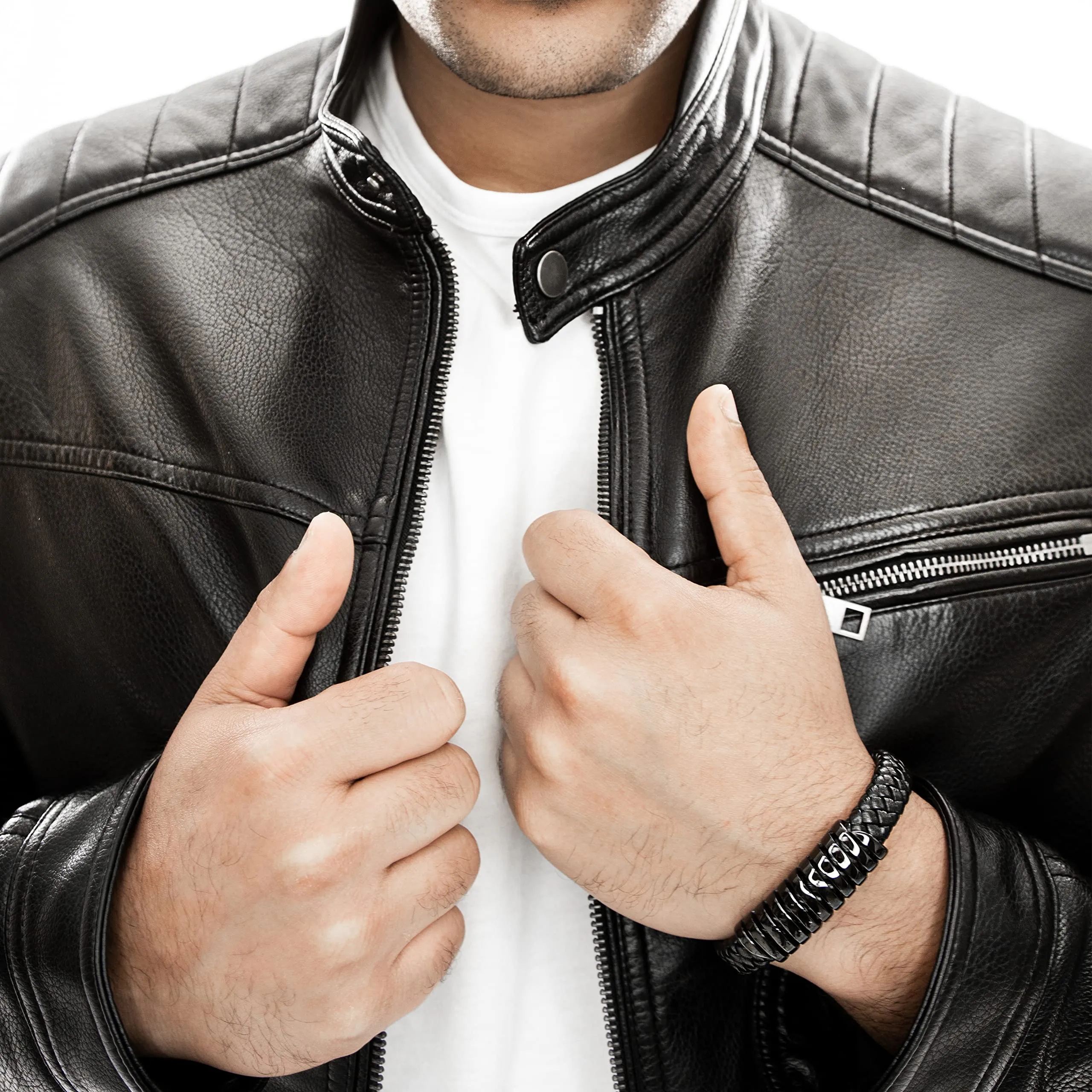 SERASAR Bracciale Uomo in Pelle Nera 17cm - immagine 4