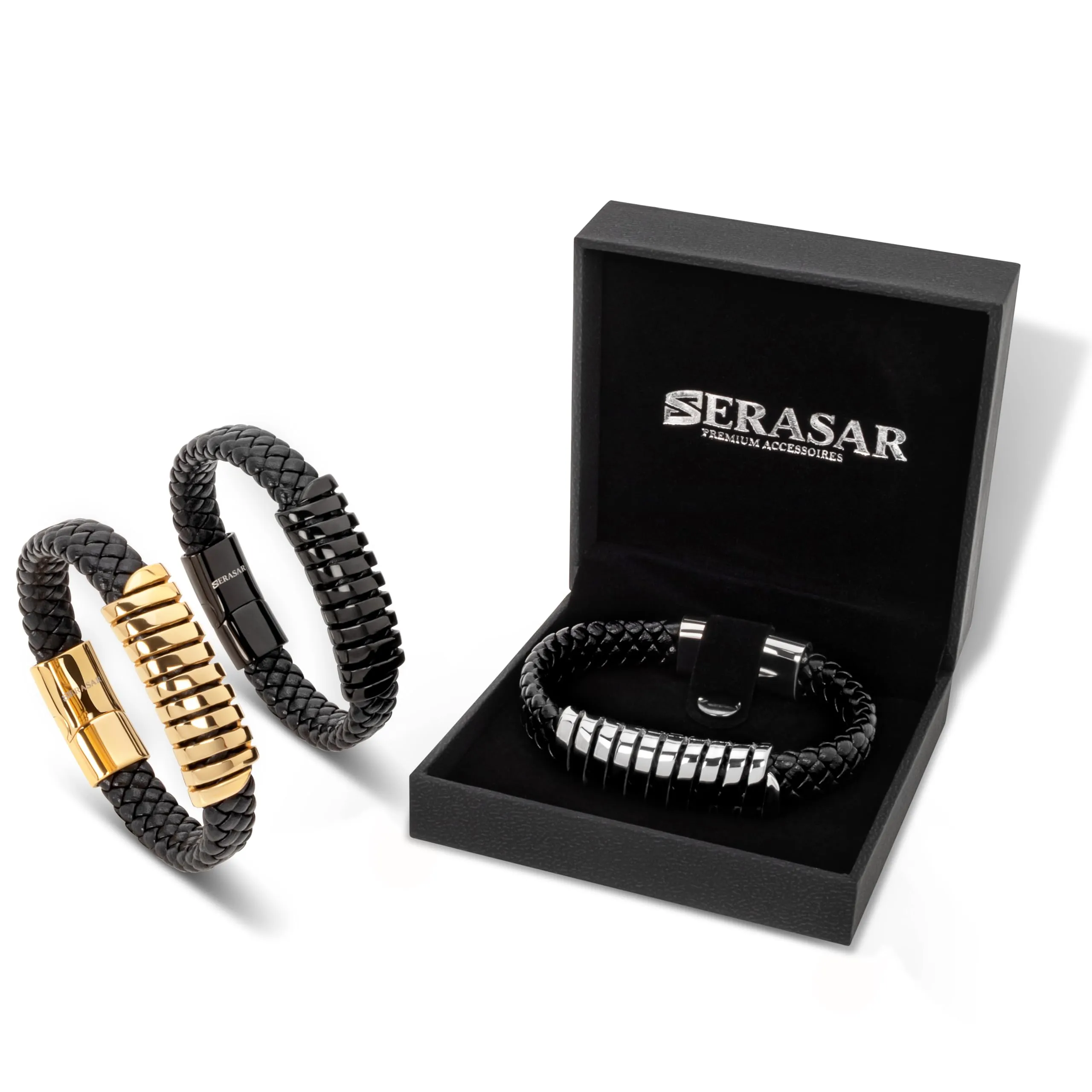 SERASAR Bracciale Uomo in Pelle Nera 17cm - immagine 7