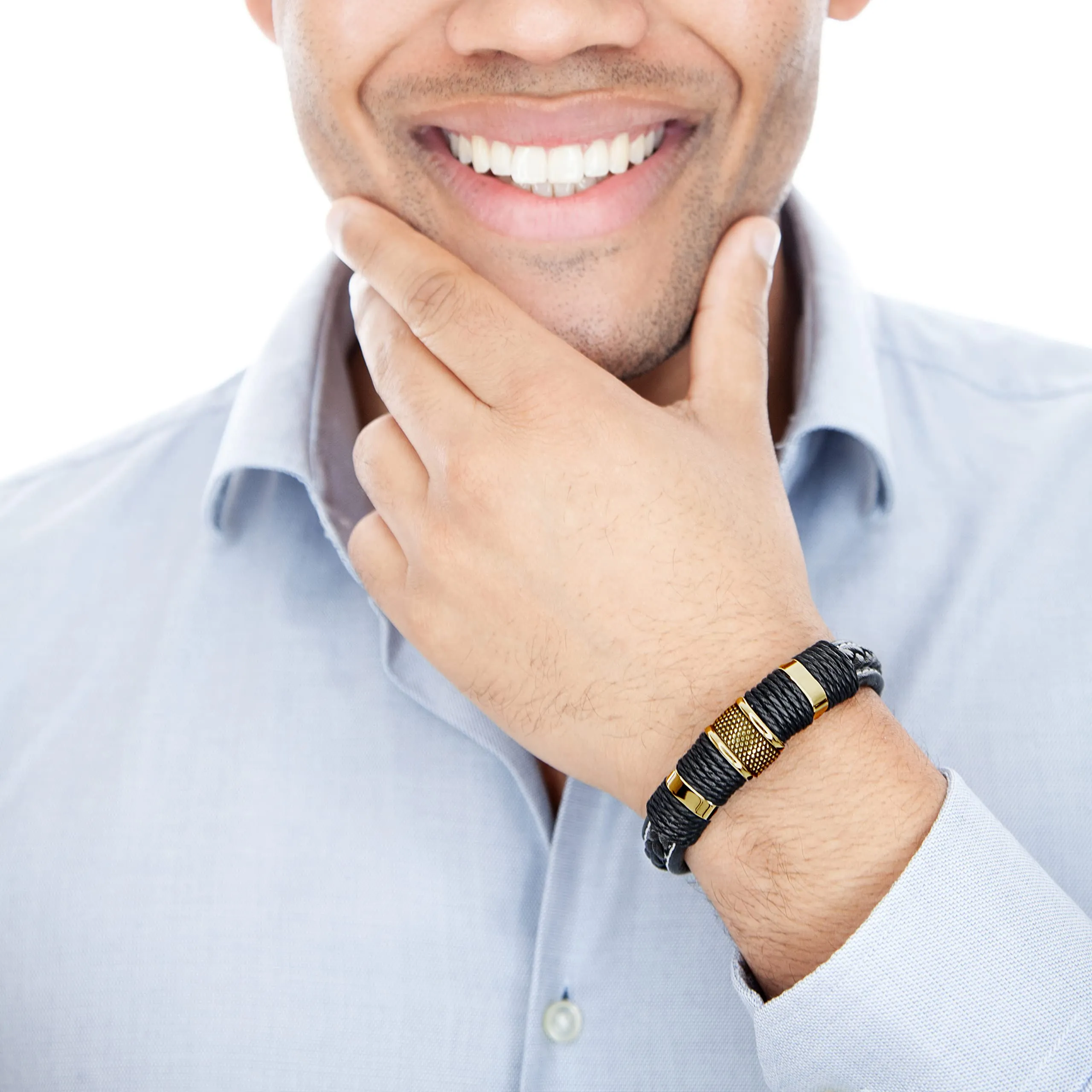 SERASAR Bracciale Uomo in Pelle Nera e Acciaio Oro, 20cm - immagine 4