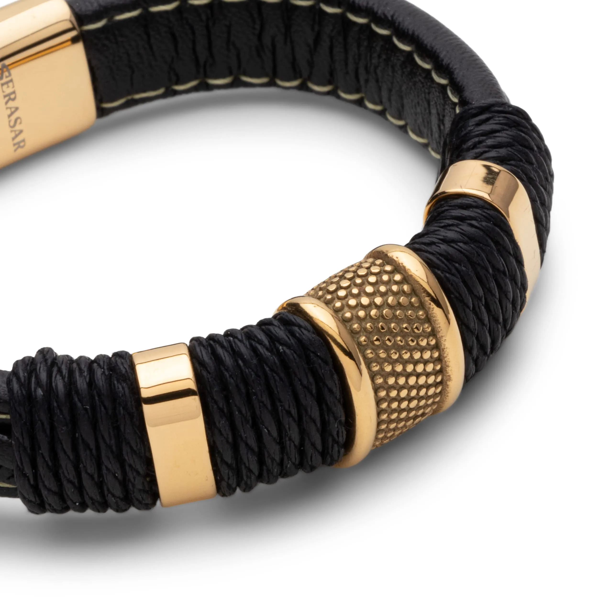 SERASAR Bracciale Uomo in Pelle Nera e Acciaio Oro, 20cm - immagine 8