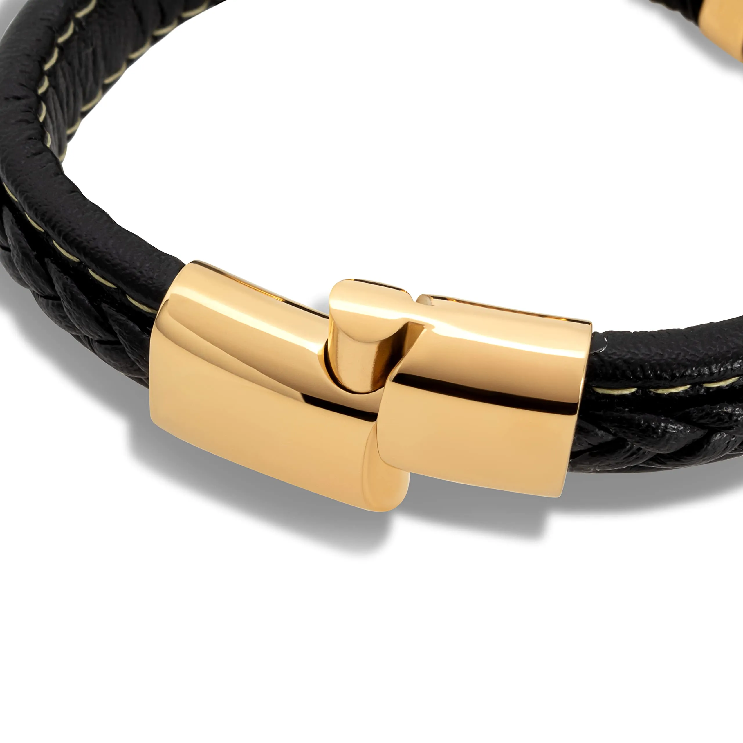 SERASAR Bracciale Uomo in Pelle Nera e Acciaio Oro, 20cm - immagine 9