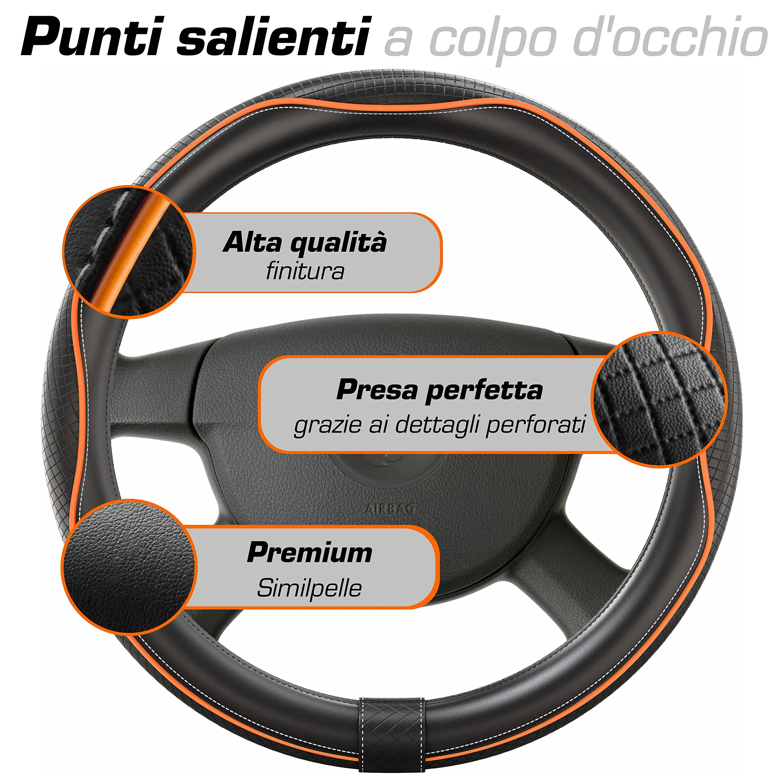 Upgrade4cars Coprivolante Auto in Finta Pelle Arancione Nero, 37-38 cm - immagine 4