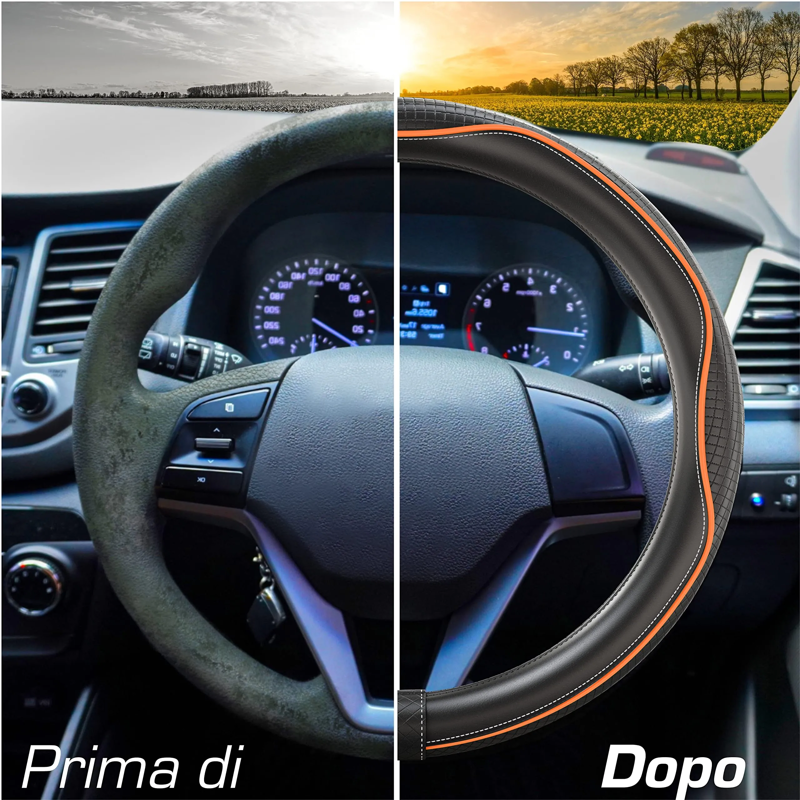 Upgrade4cars Coprivolante Auto in Finta Pelle Arancione Nero, 37-38 cm - immagine 6