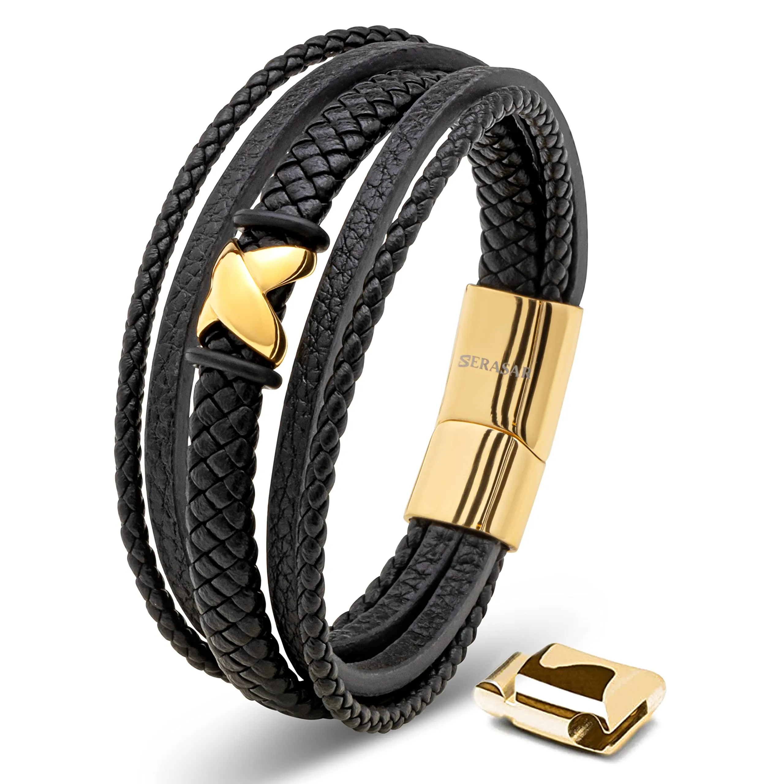 SERASAR Bracciale Uomo in Pelle Nera e Acciaio Oro, 20cm - immagine 1