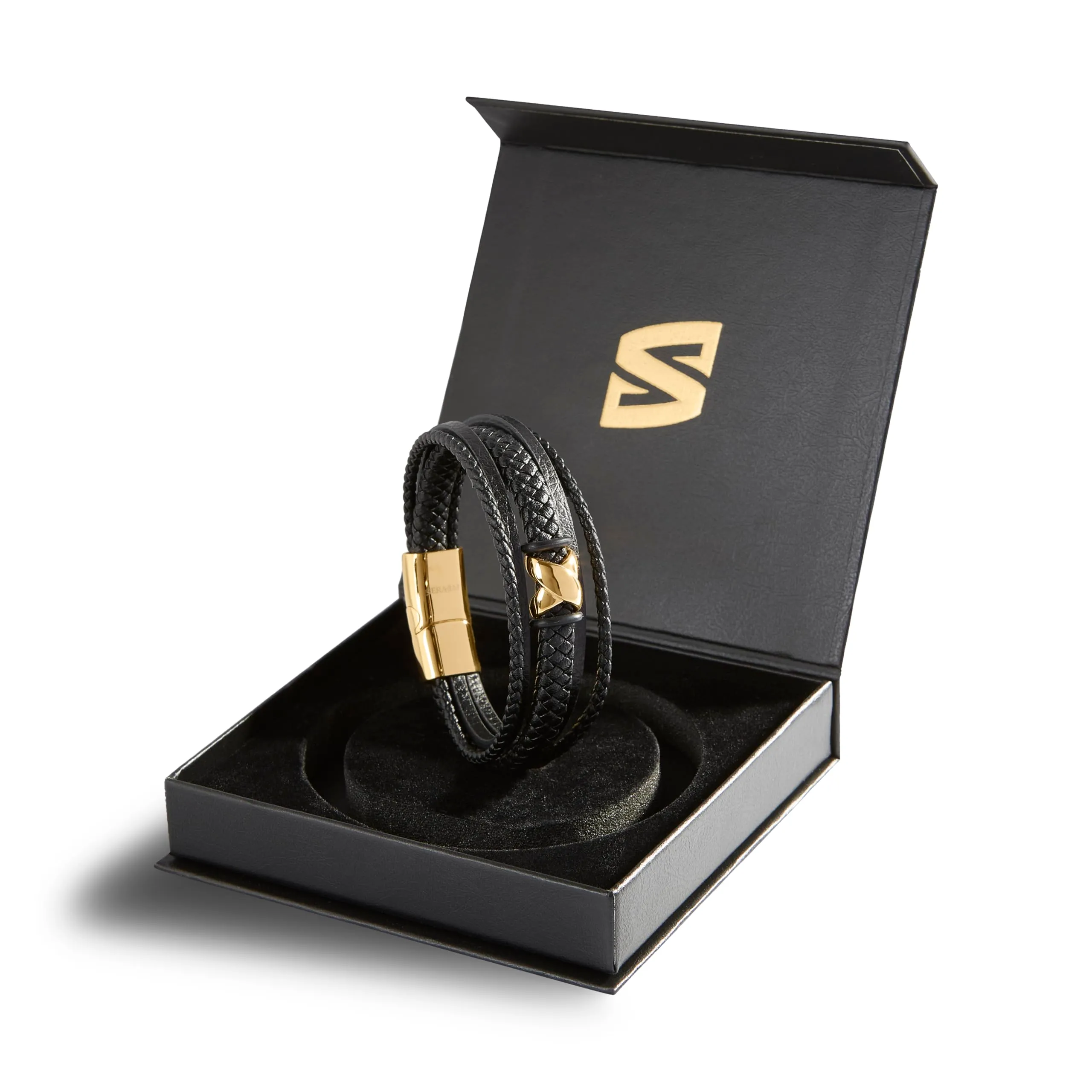 SERASAR Bracciale Uomo in Pelle Nera e Acciaio Oro, 20cm - immagine 2