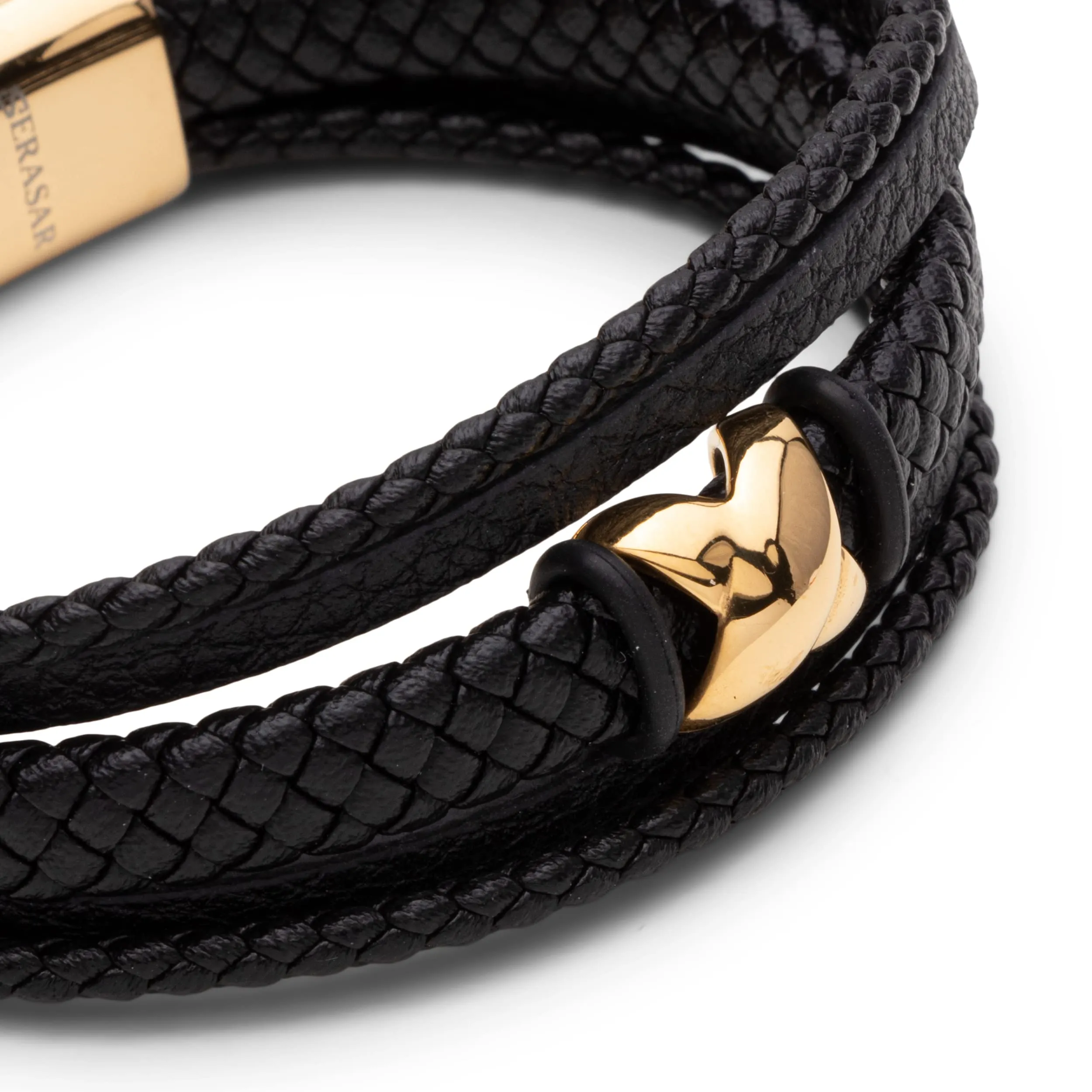 SERASAR Bracciale Uomo in Pelle Nera e Acciaio Oro, 20cm - immagine 8