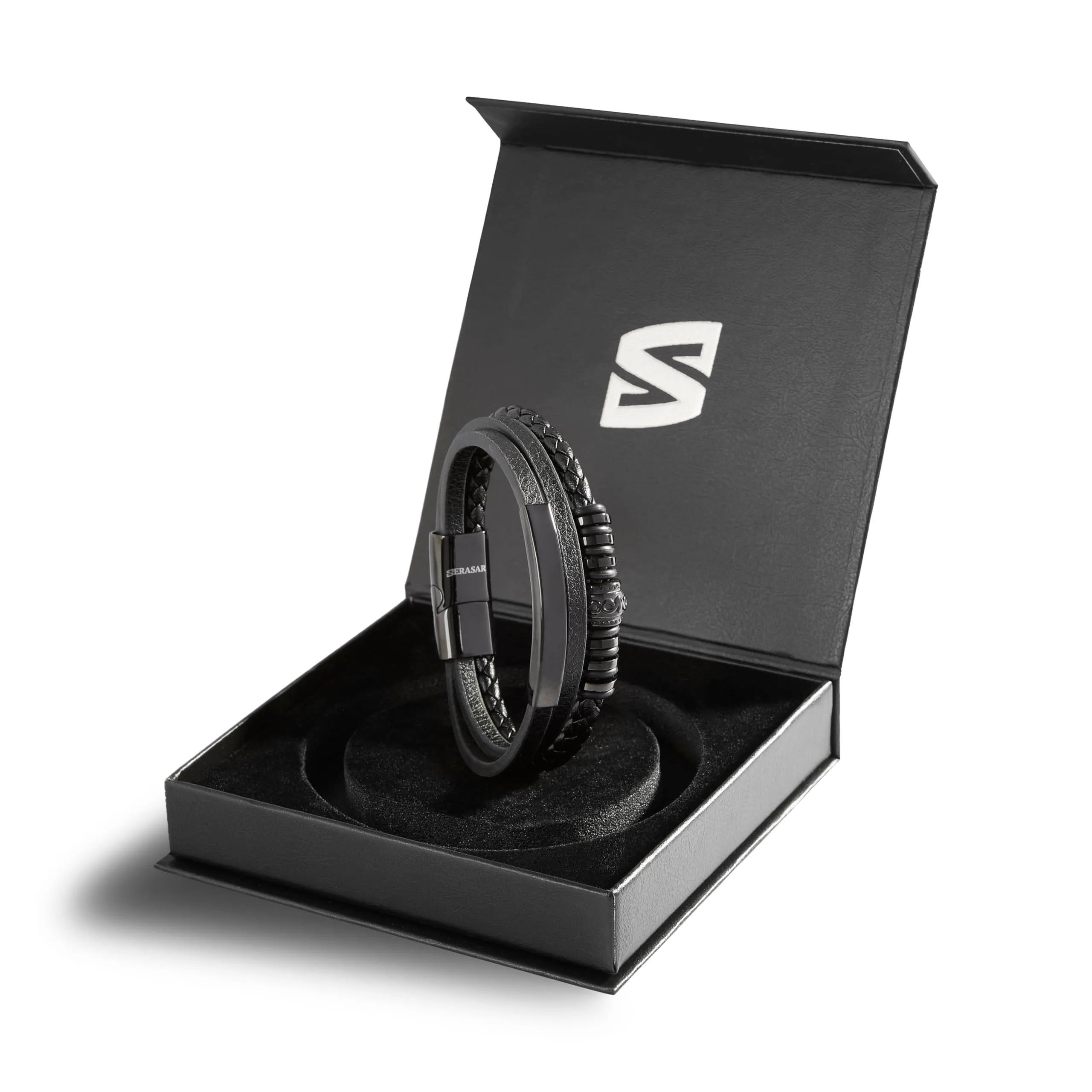 SERASAR Bracciale Uomo in Cuoio e Acciaio, Nero, 20cm - immagine 2