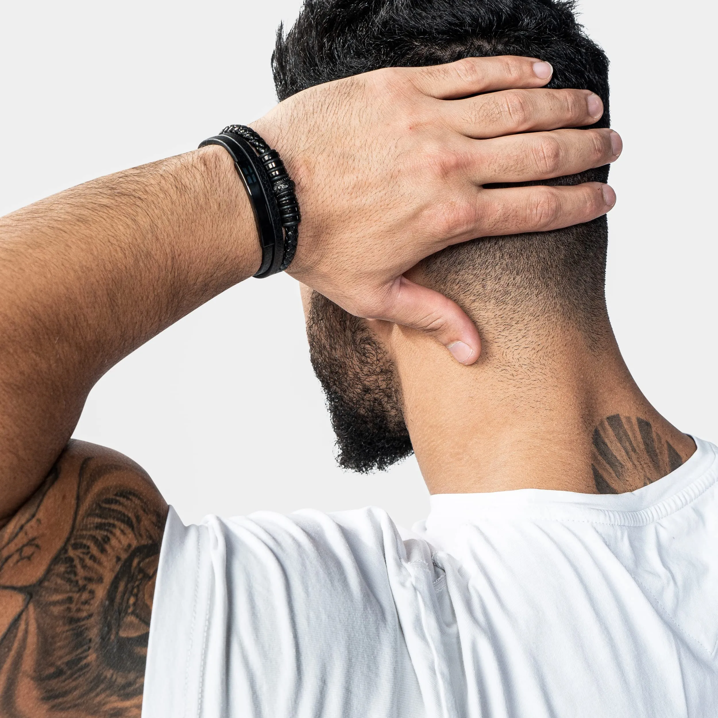 SERASAR Bracciale Uomo in Cuoio e Acciaio, Nero, 20cm - immagine 5