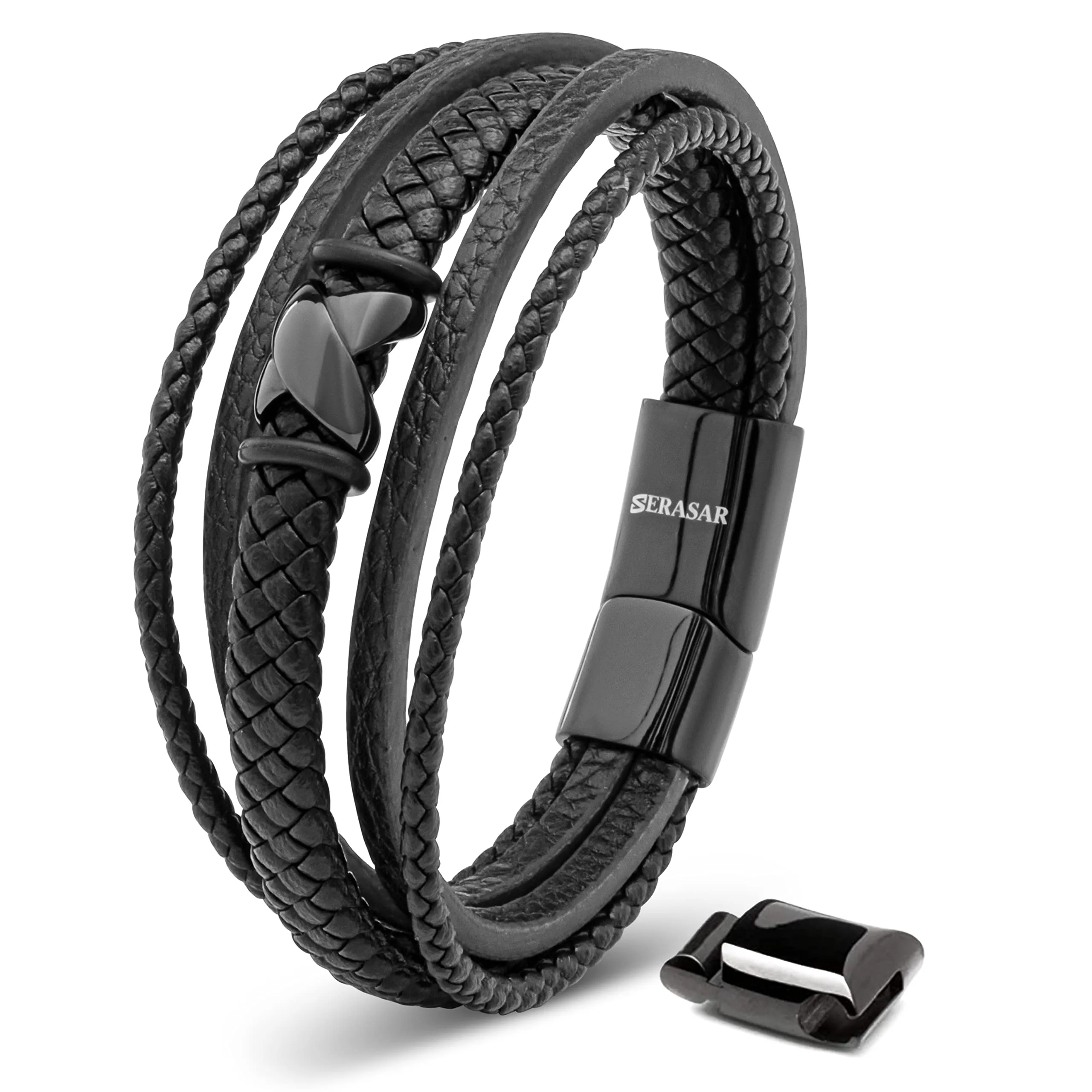 SERASAR Bracciale Uomo in Pelle Nera e Acciaio Inossidabile, 23cm - immagine 1