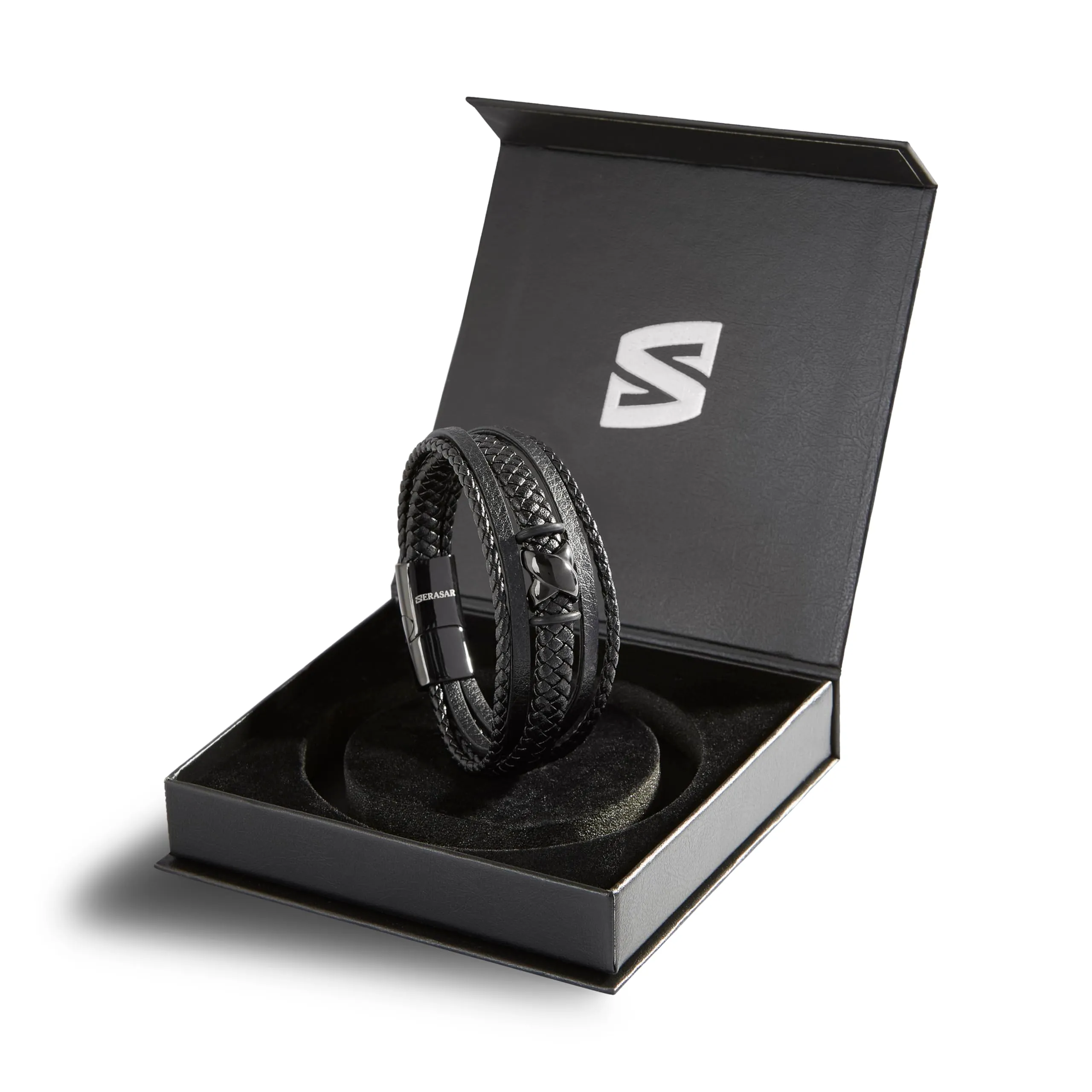 SERASAR Bracciale Uomo in Pelle Nera e Acciaio Inossidabile, 23cm - immagine 2