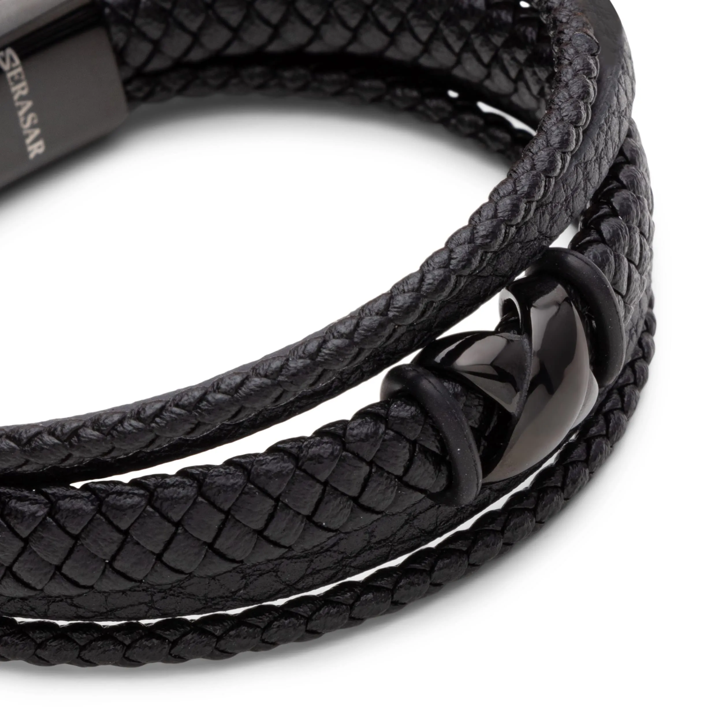 SERASAR Bracciale Uomo in Pelle Nera e Acciaio Inossidabile, 23cm - immagine 8