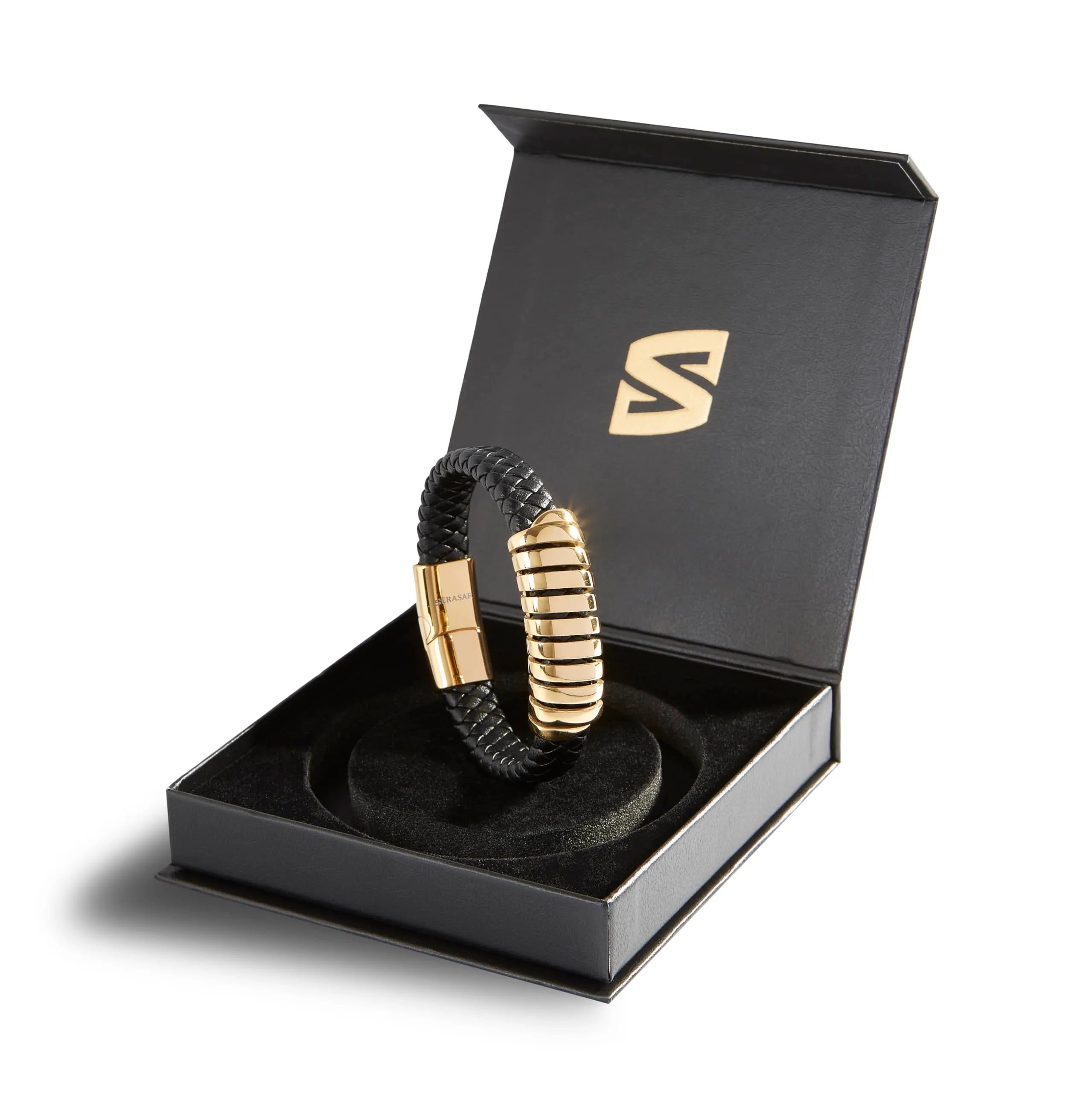 SERASAR Bracciale Uomo in Cuoio Intrecciato Nero e Oro, 17cm - immagine 2