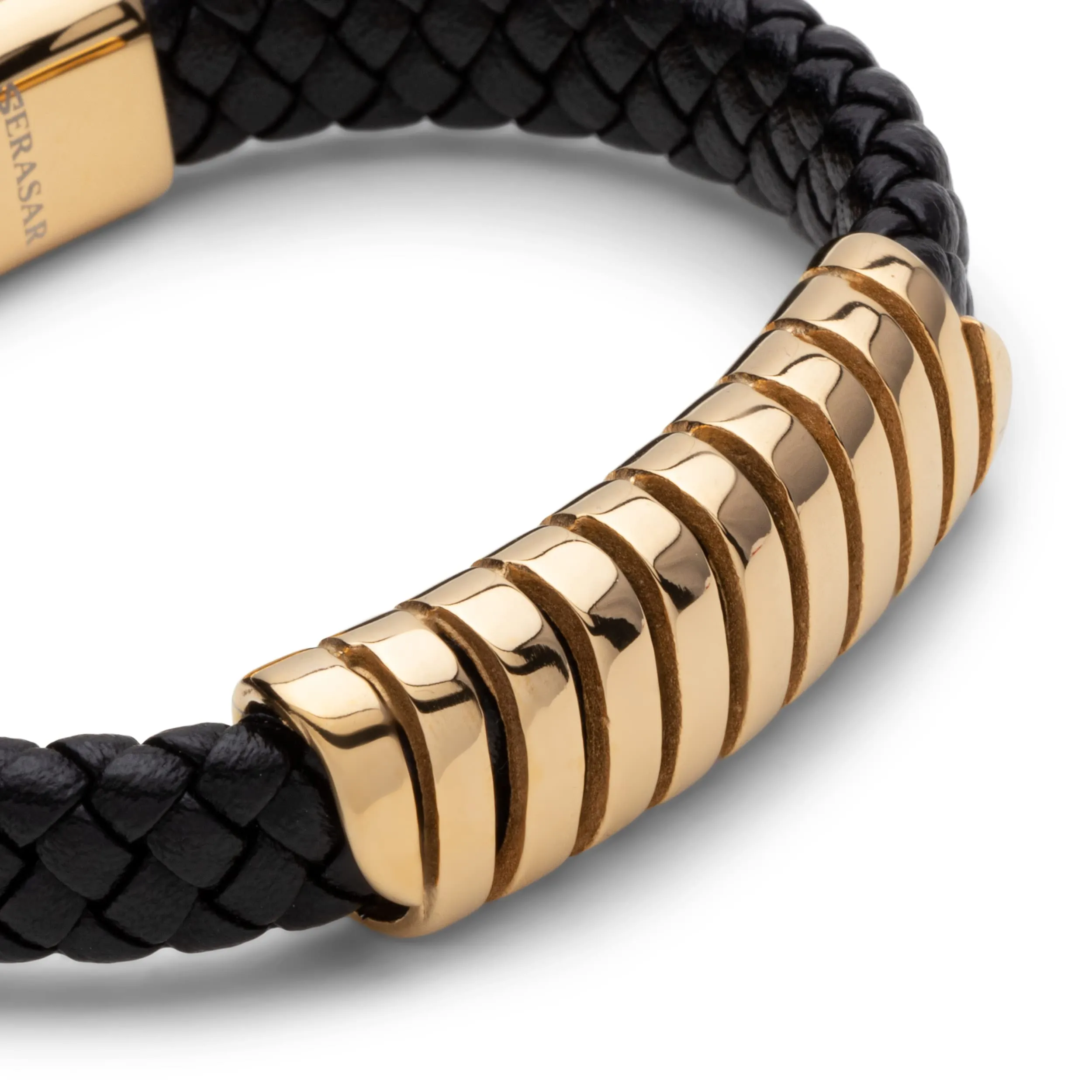 SERASAR Bracciale Uomo in Cuoio Intrecciato Nero e Oro, 17cm - immagine 8