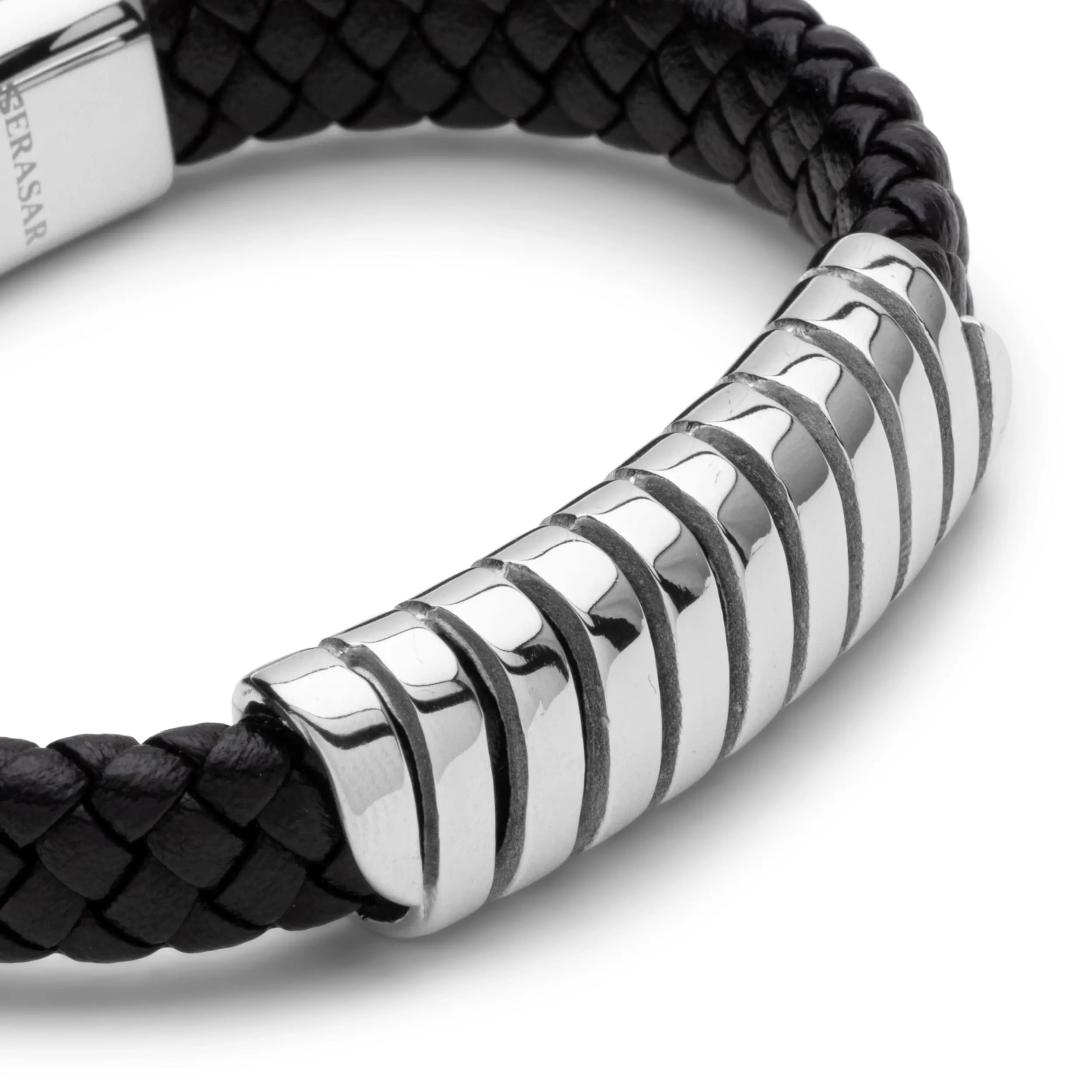 SERASAR Bracciale Uomo in Pelle Nera 23cm - immagine 8