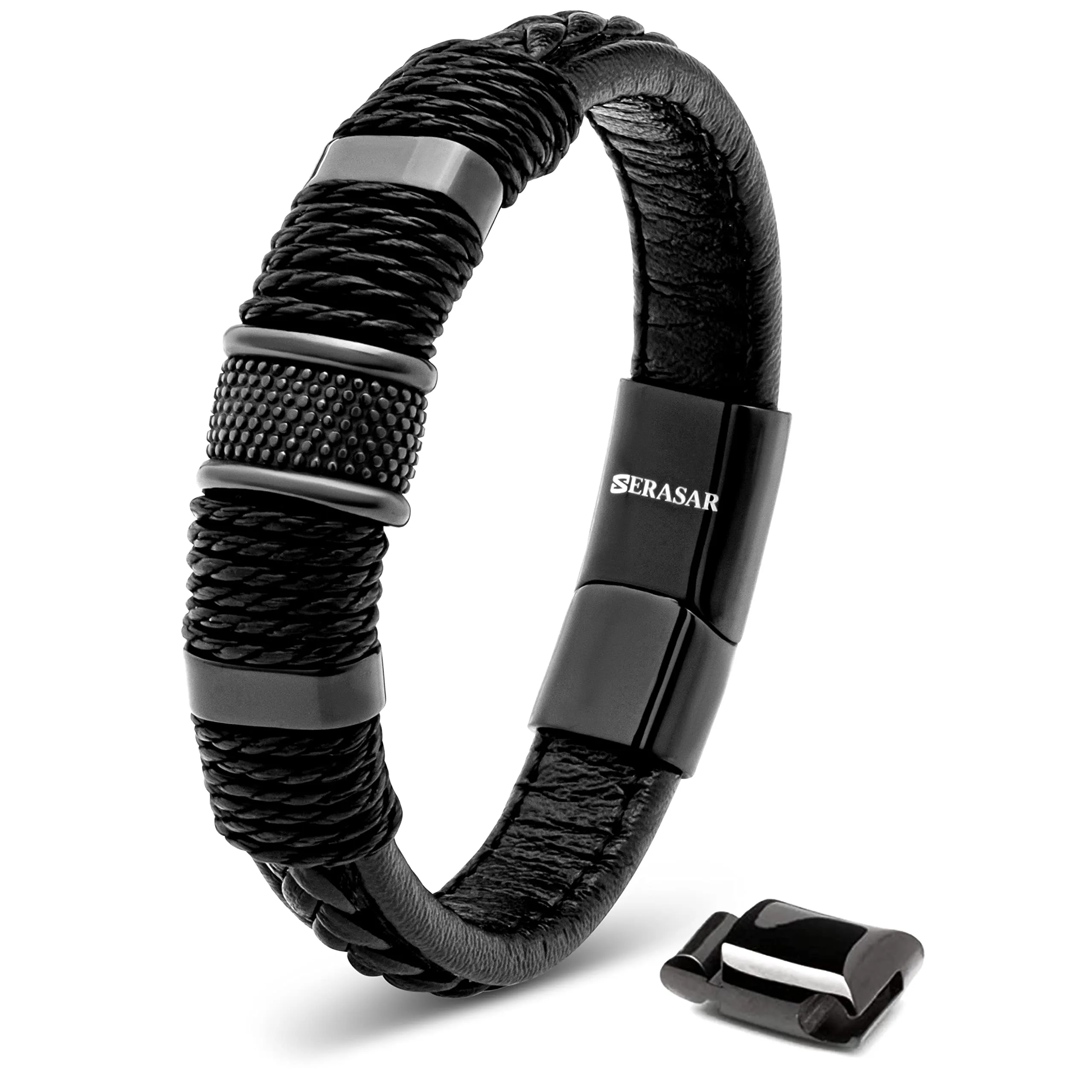 SERASAR Bracciale Uomo in Pelle Nera e Acciaio Inossidabile, 23cm - immagine 1