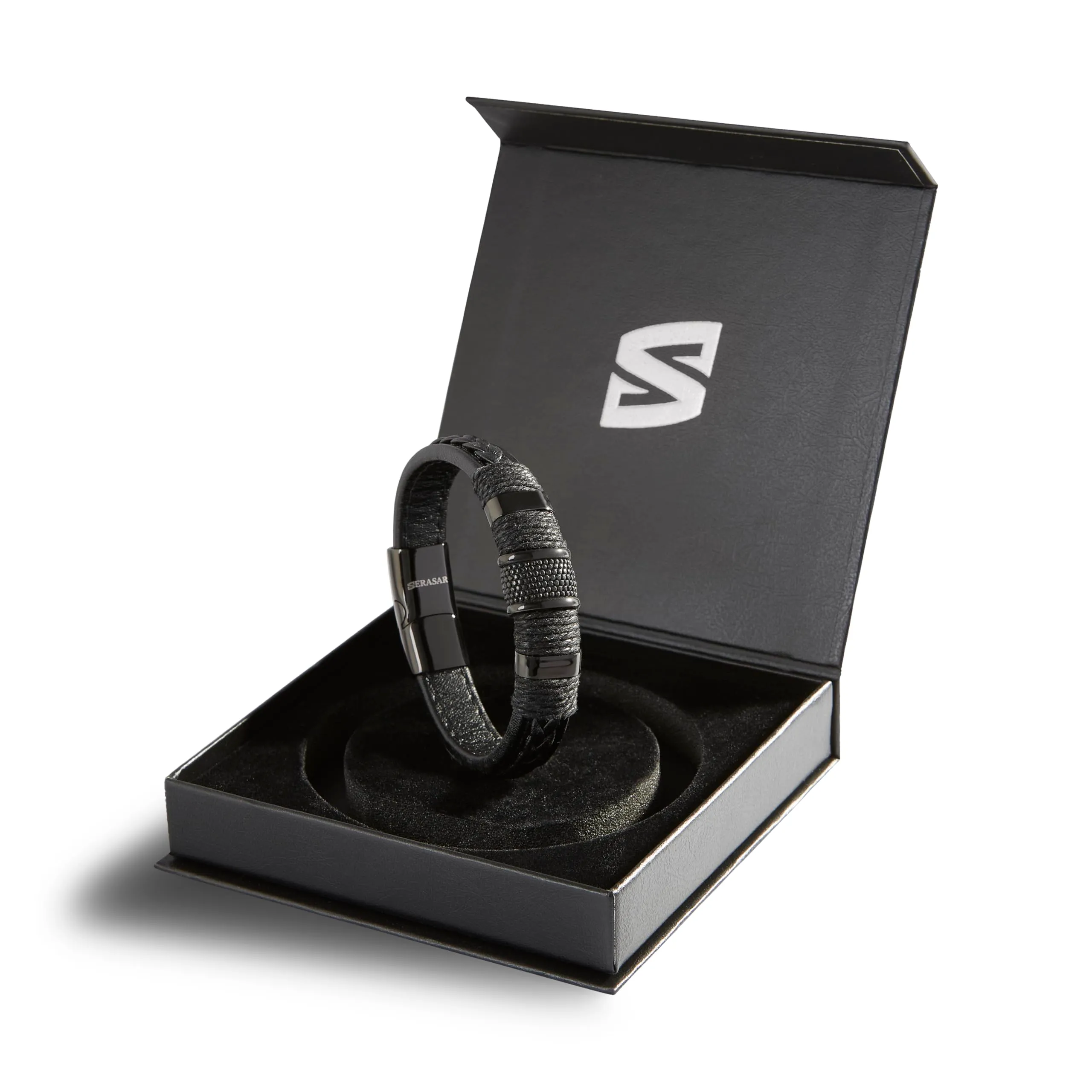 SERASAR Bracciale Uomo in Pelle Nera e Acciaio Inossidabile, 23cm - immagine 2