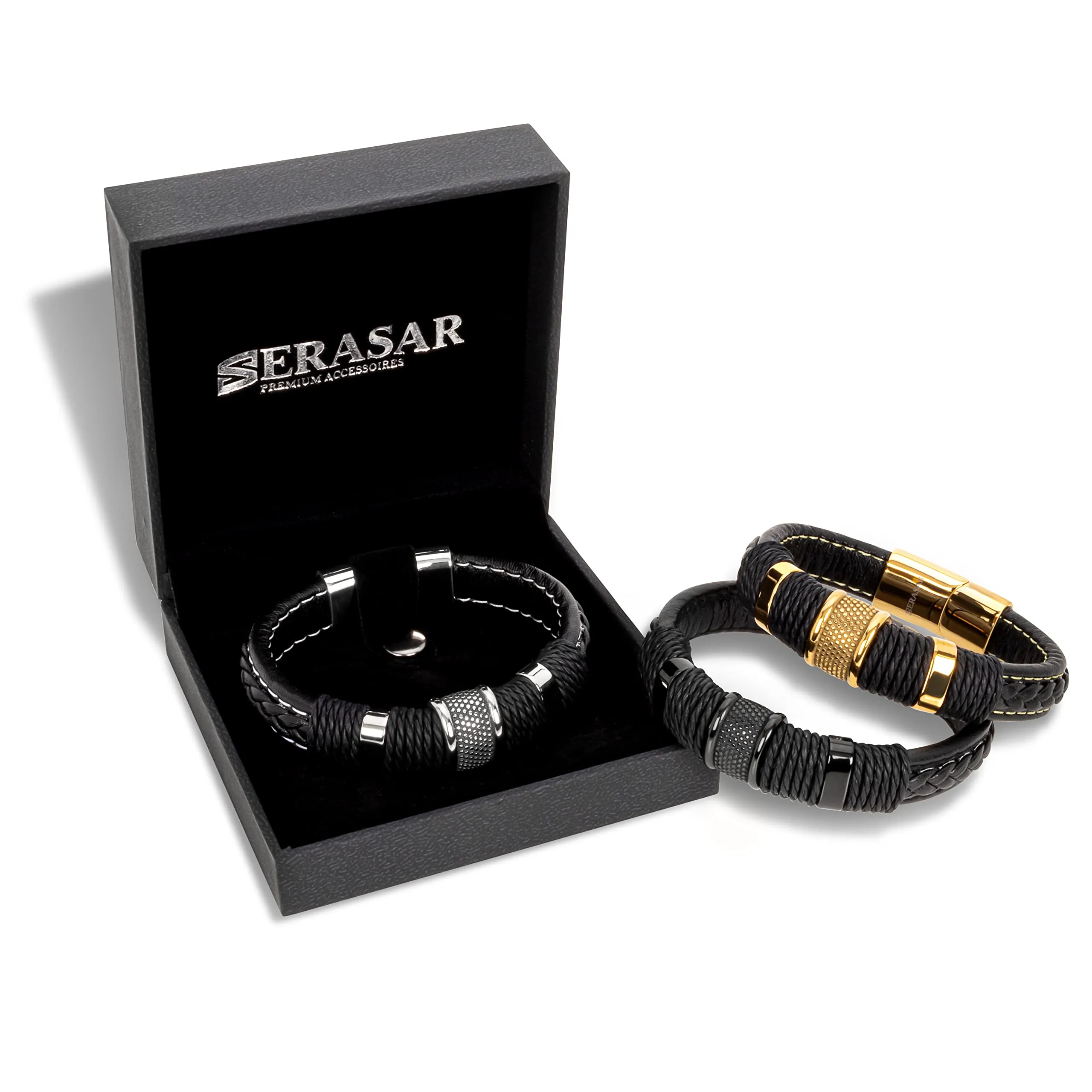 SERASAR Bracciale Uomo in Pelle Nera e Acciaio Inossidabile, 23cm - immagine 7